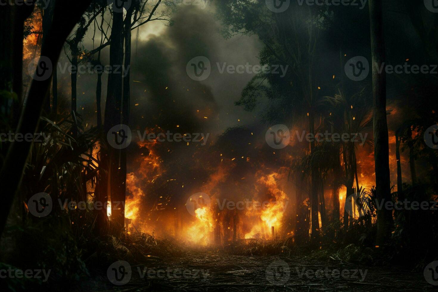 Fire in the forest, burning trees and bushes in the background. ai generated pro photo