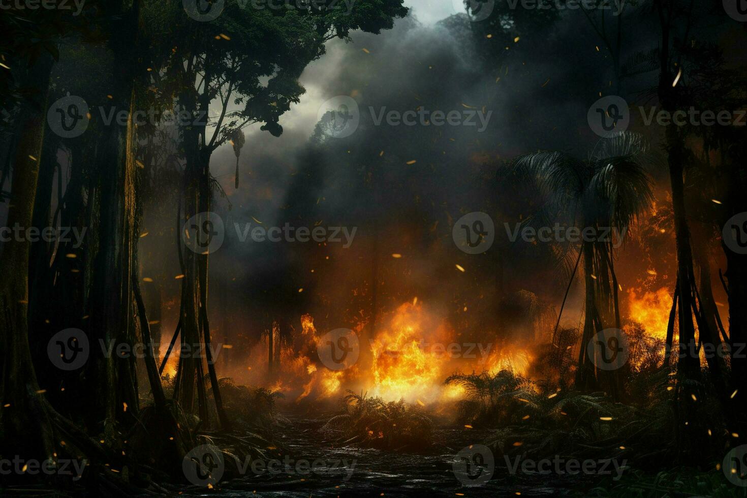 Fire in the forest, burning trees and bushes in the background. ai generated pro photo