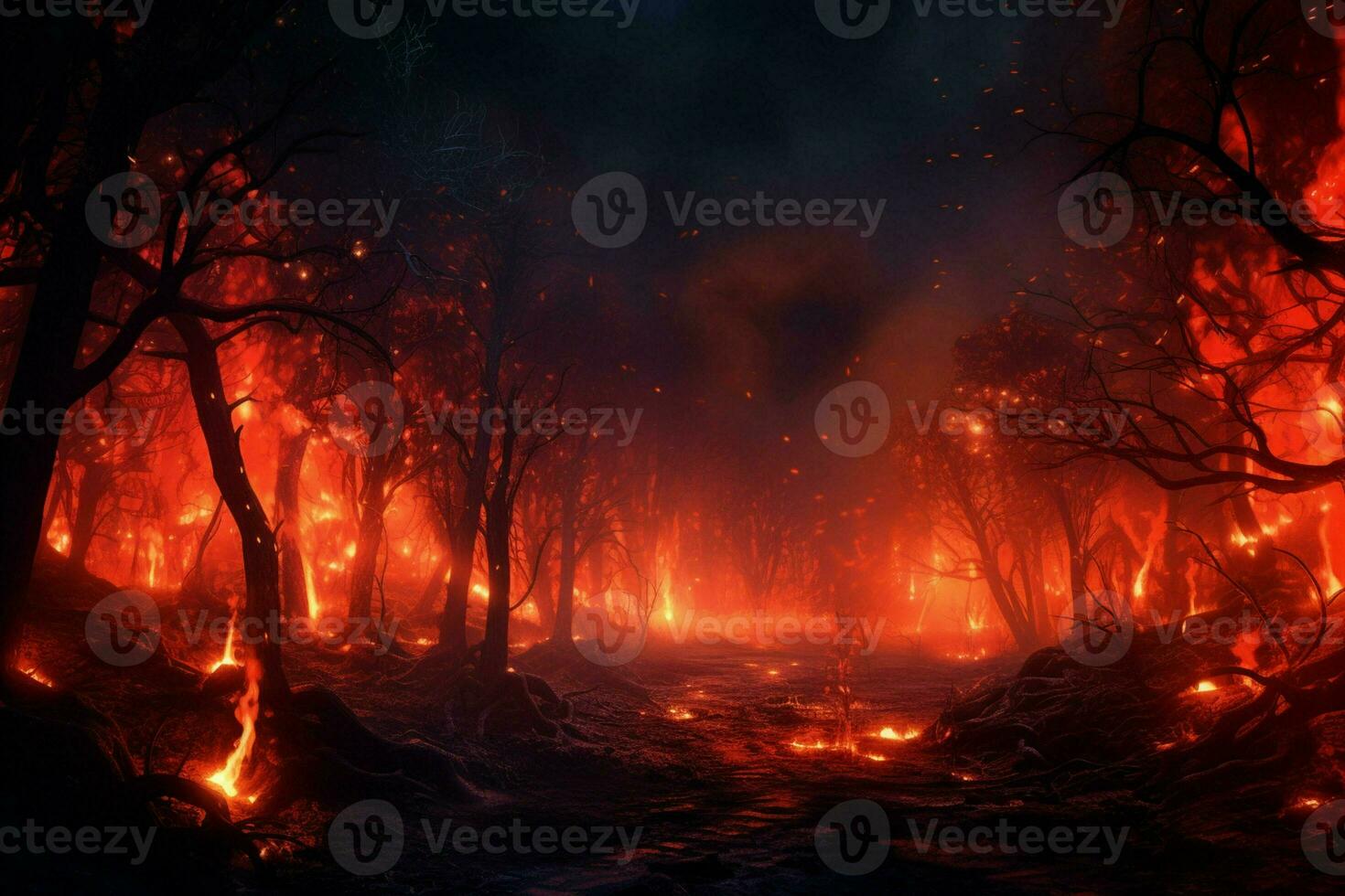 Fire in the forest, burning trees and bushes in the background. ai generated pro photo