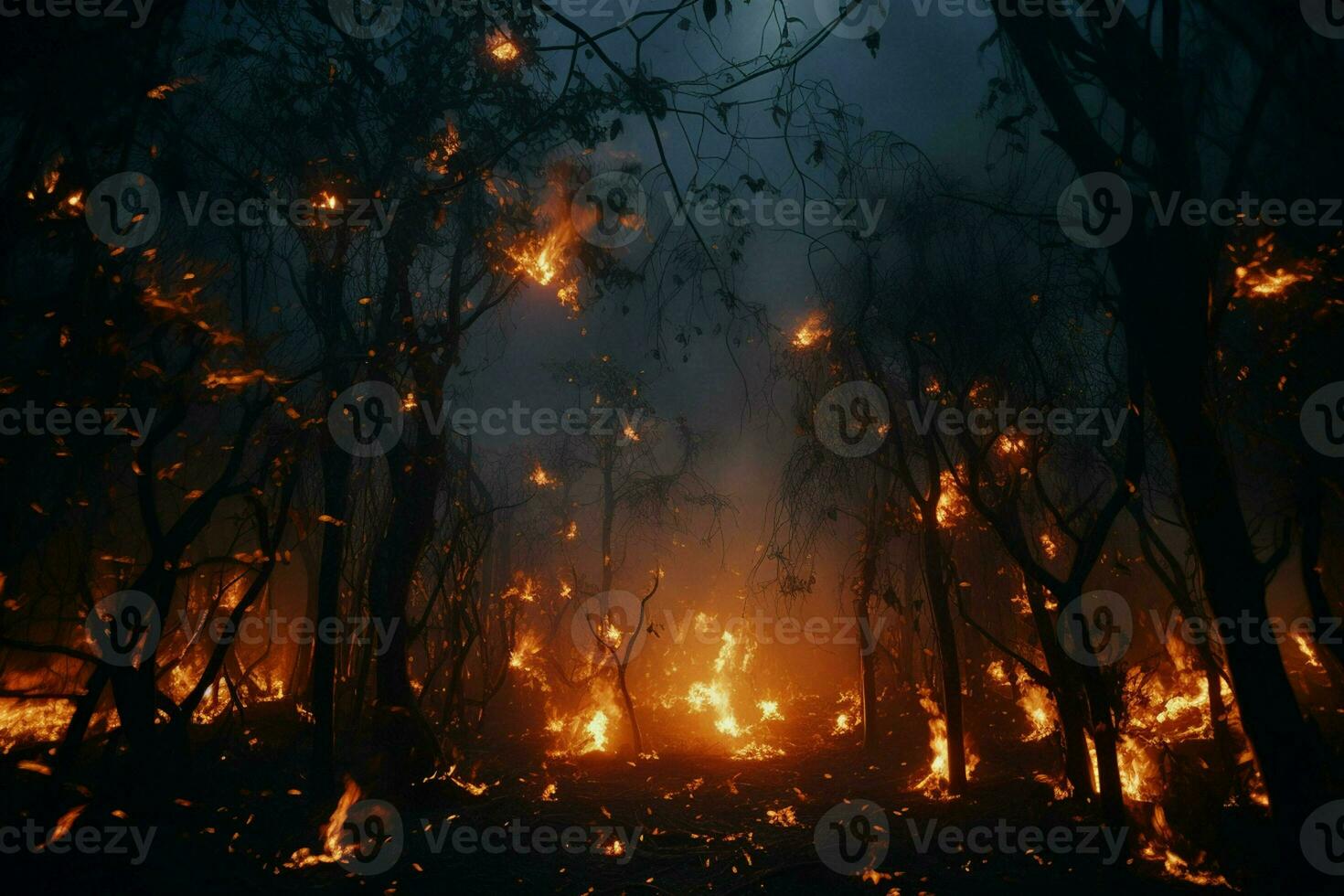 Fire in the forest, burning trees and bushes in the background. ai generated pro photo