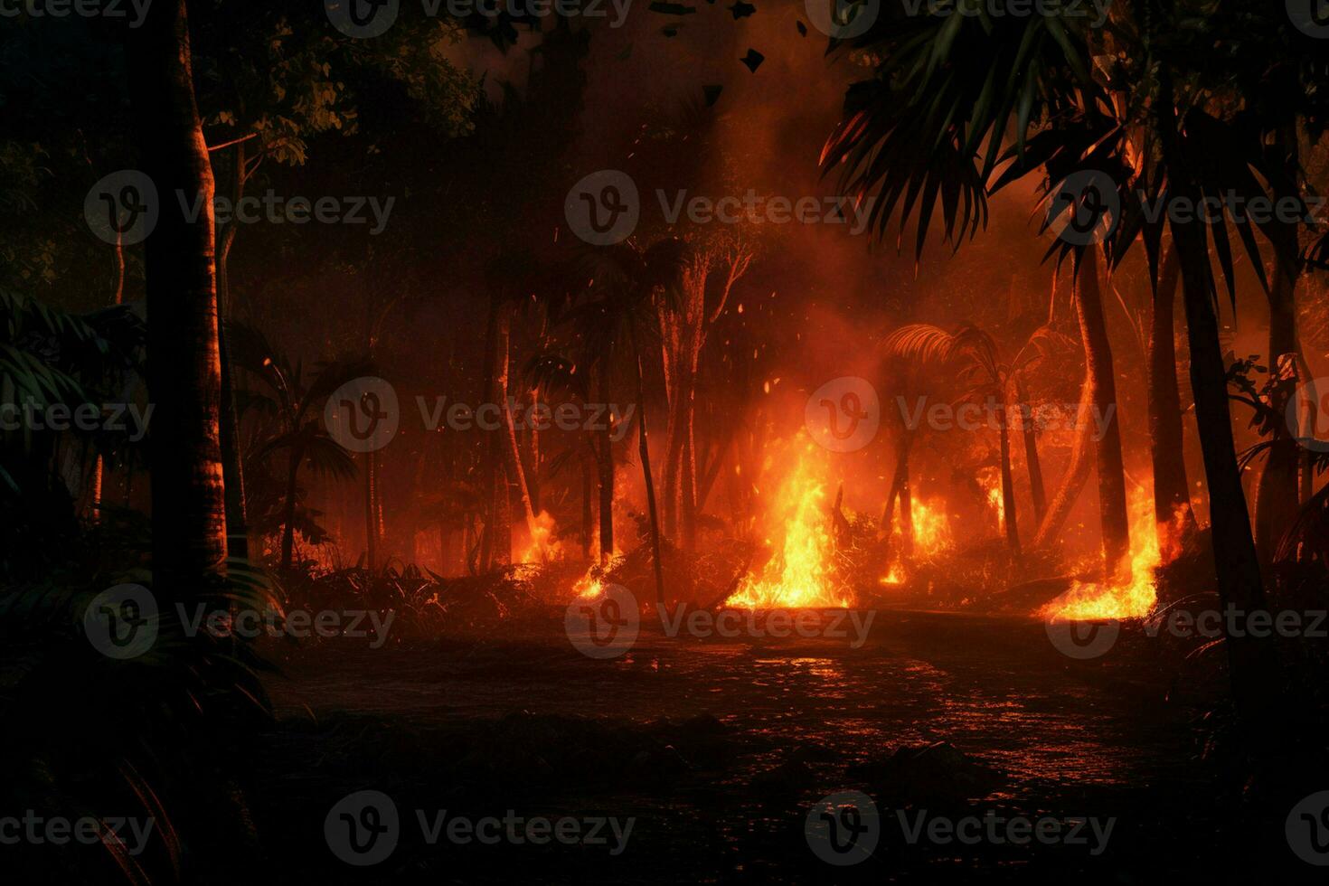 fuego en el bosque, ardiente arboles y arbustos en el antecedentes. ai generado Pro foto