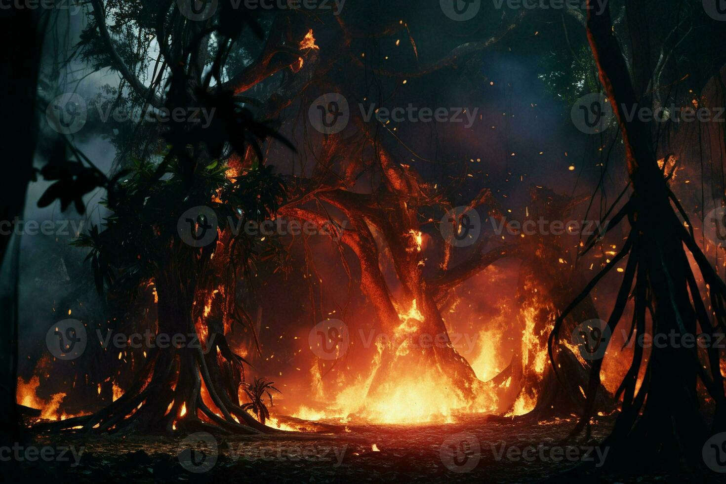 Fire in the forest, burning trees and bushes in the background. ai generated pro photo