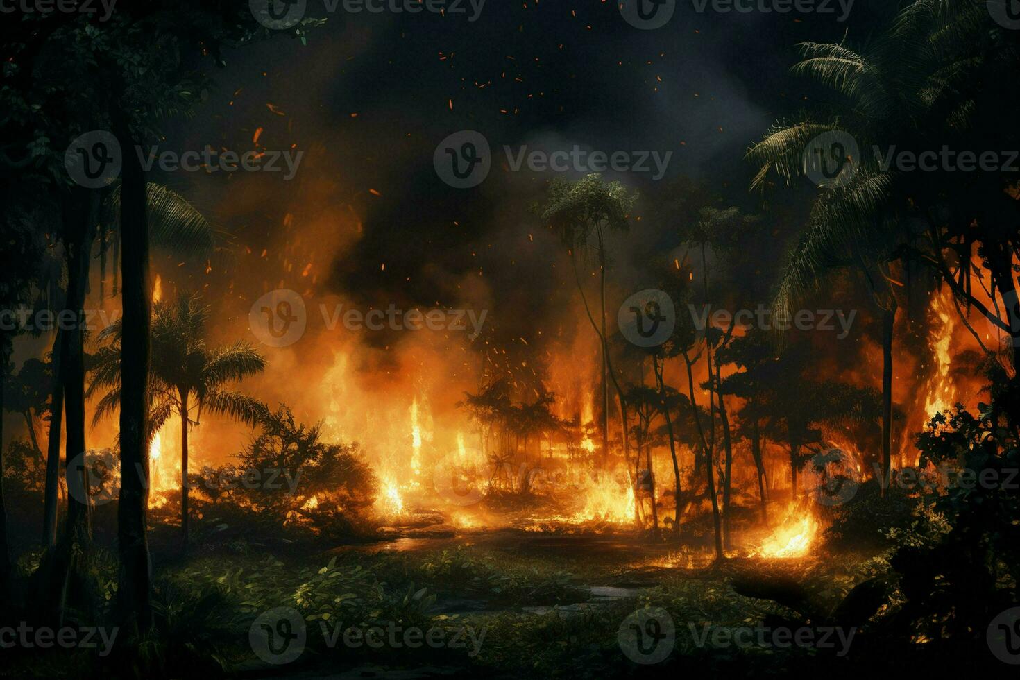 Fire in the forest, burning trees and bushes in the background. ai generated pro photo