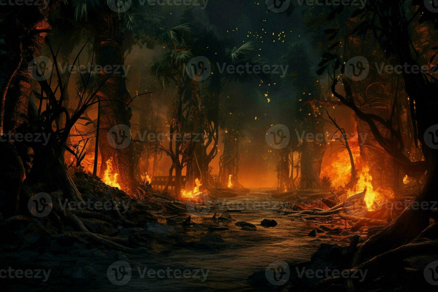 Fire in the forest, burning trees and bushes in the background. ai generated pro photo