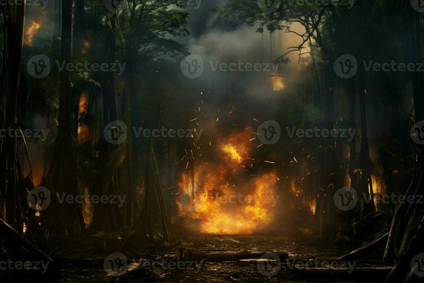 Fire in the forest, burning trees and bushes in the background. ai generated pro photo