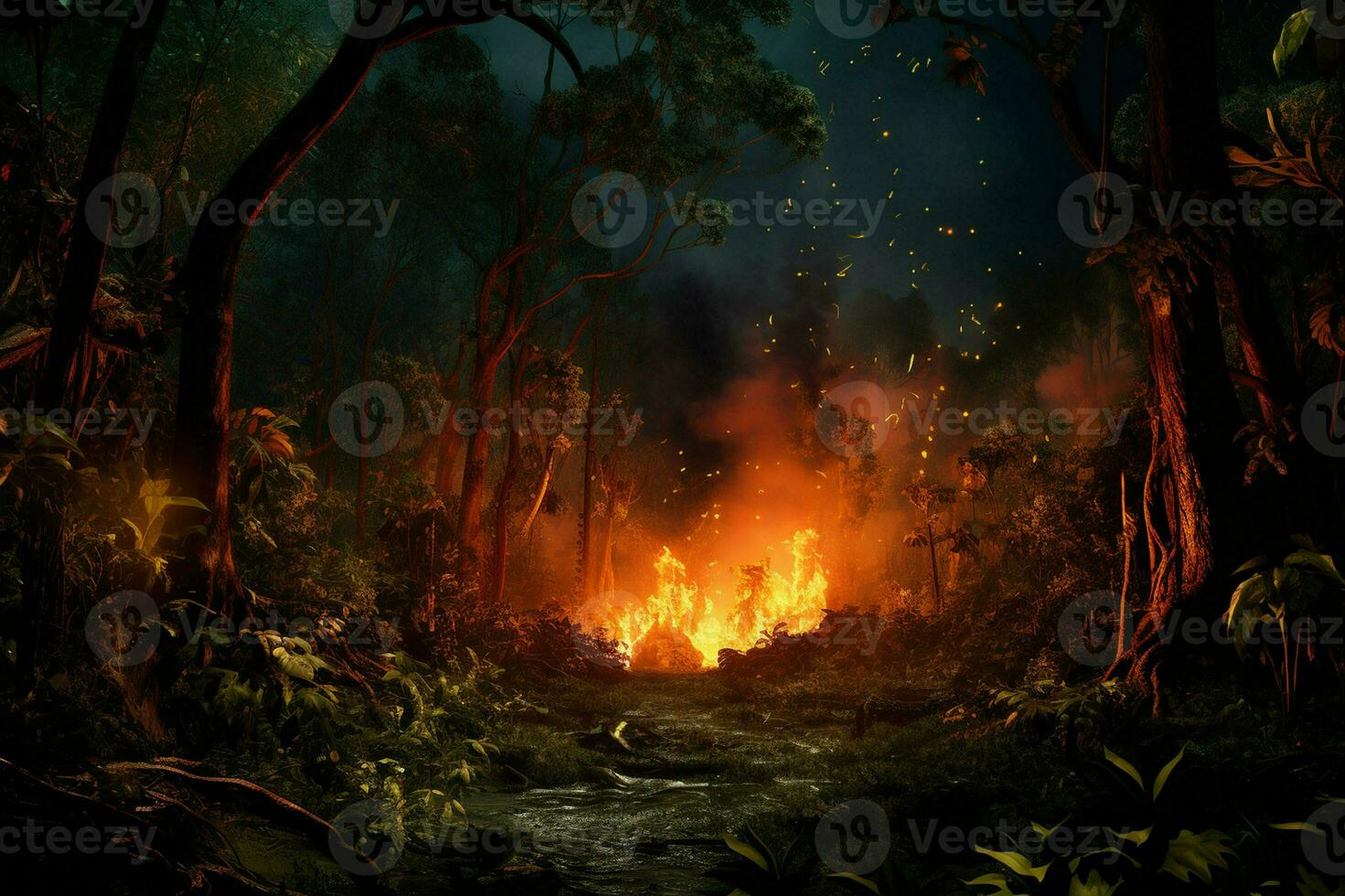 Fire in the forest, burning trees and bushes in the background. ai generated pro photo