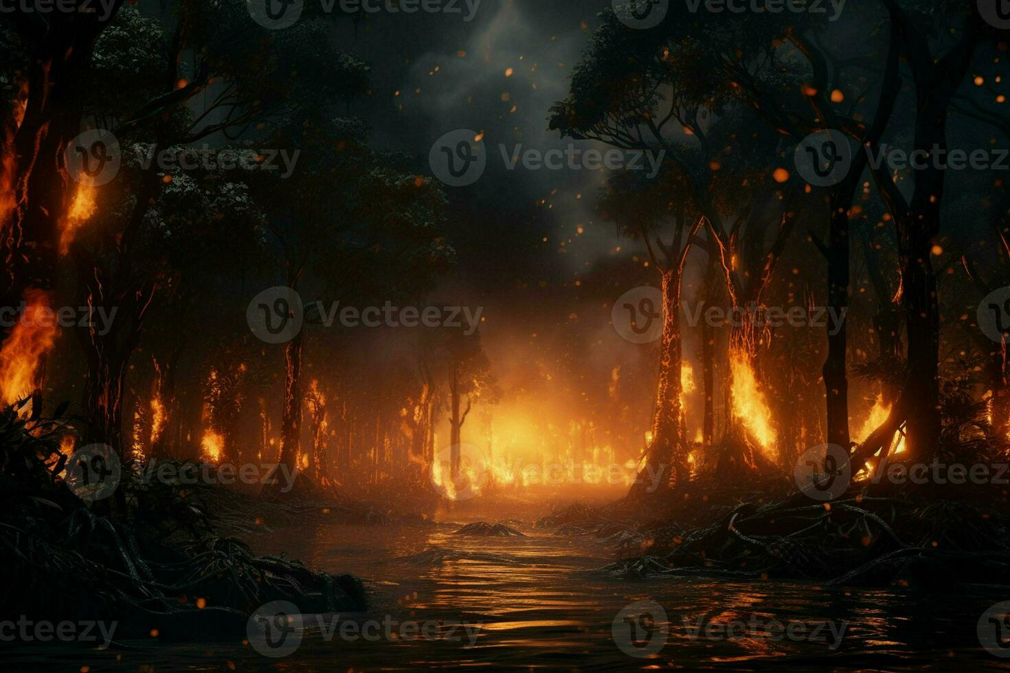 Fire in the forest, burning trees and bushes in the background. ai generated pro photo