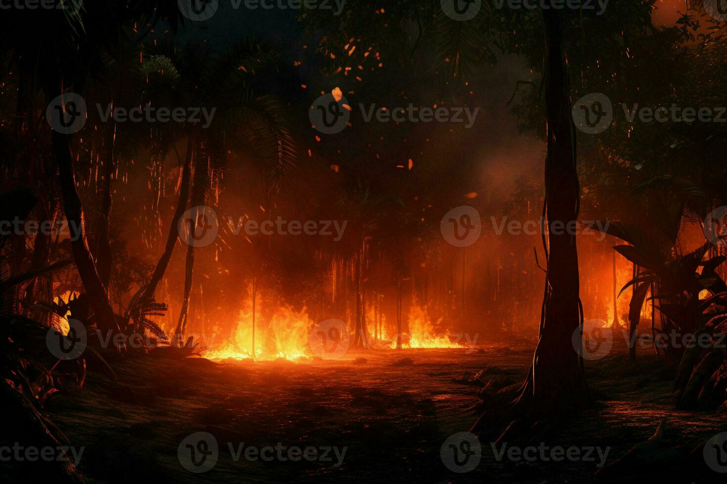 Fire in the forest, burning trees and bushes in the background. ai generated pro photo