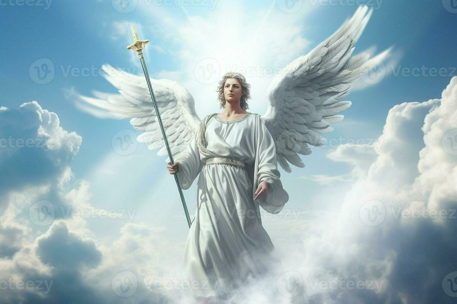 Angel on a background of clouds and blue sky. 3d rendering. ai generated pro photo