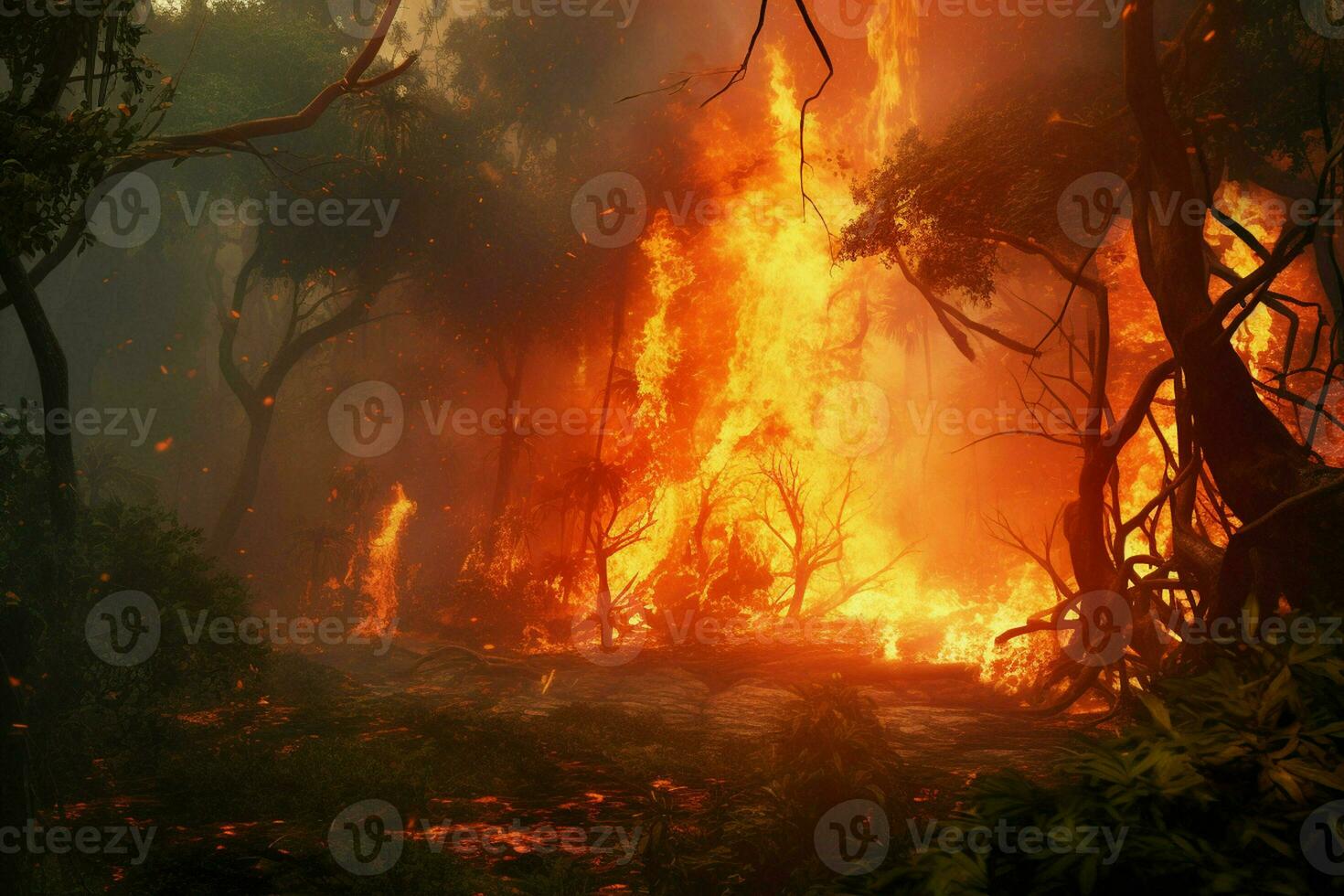 Fire in the forest, burning trees and bushes in the background. ai generated pro photo