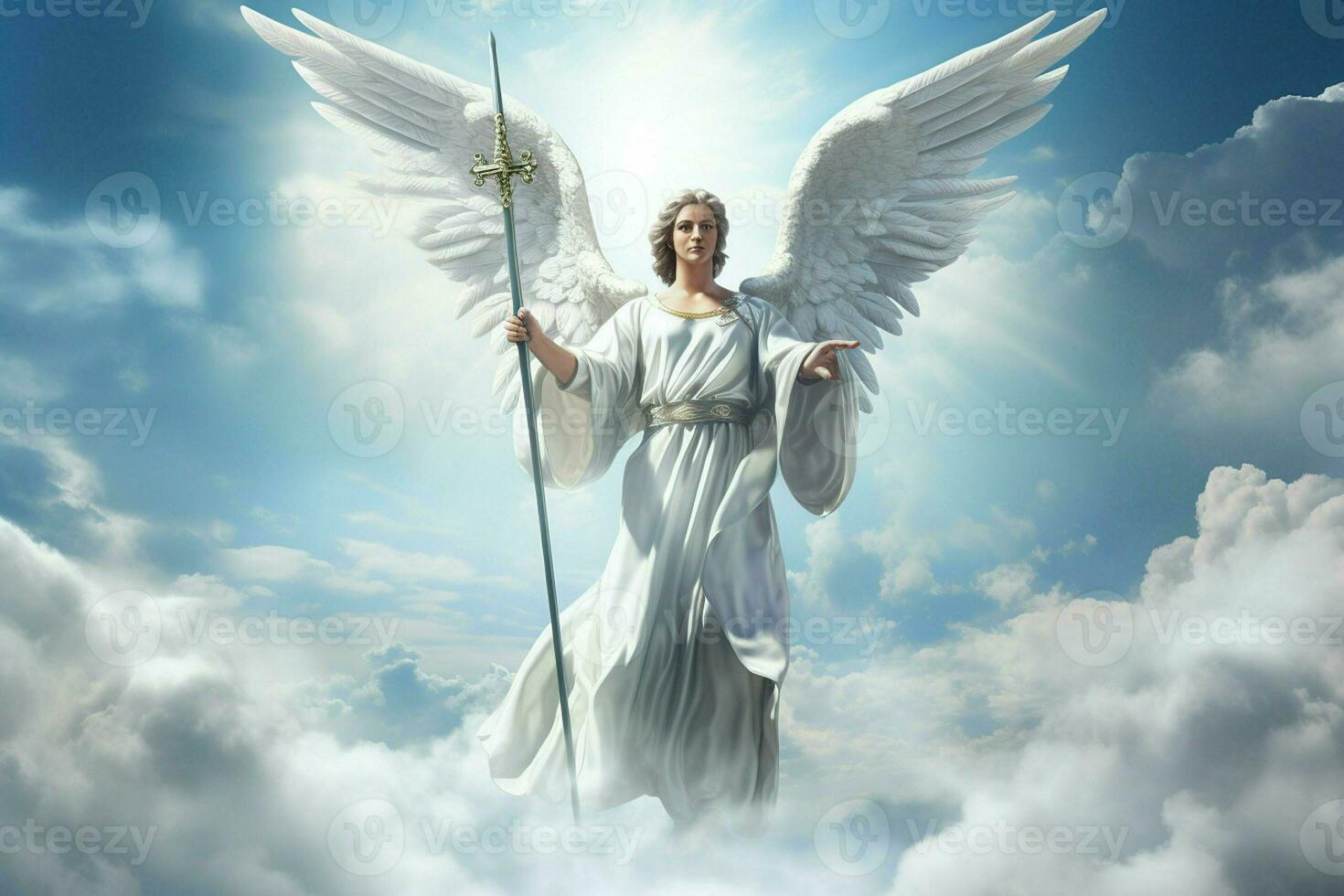 Angel on a background of clouds and blue sky. 3d rendering. ai generated pro photo