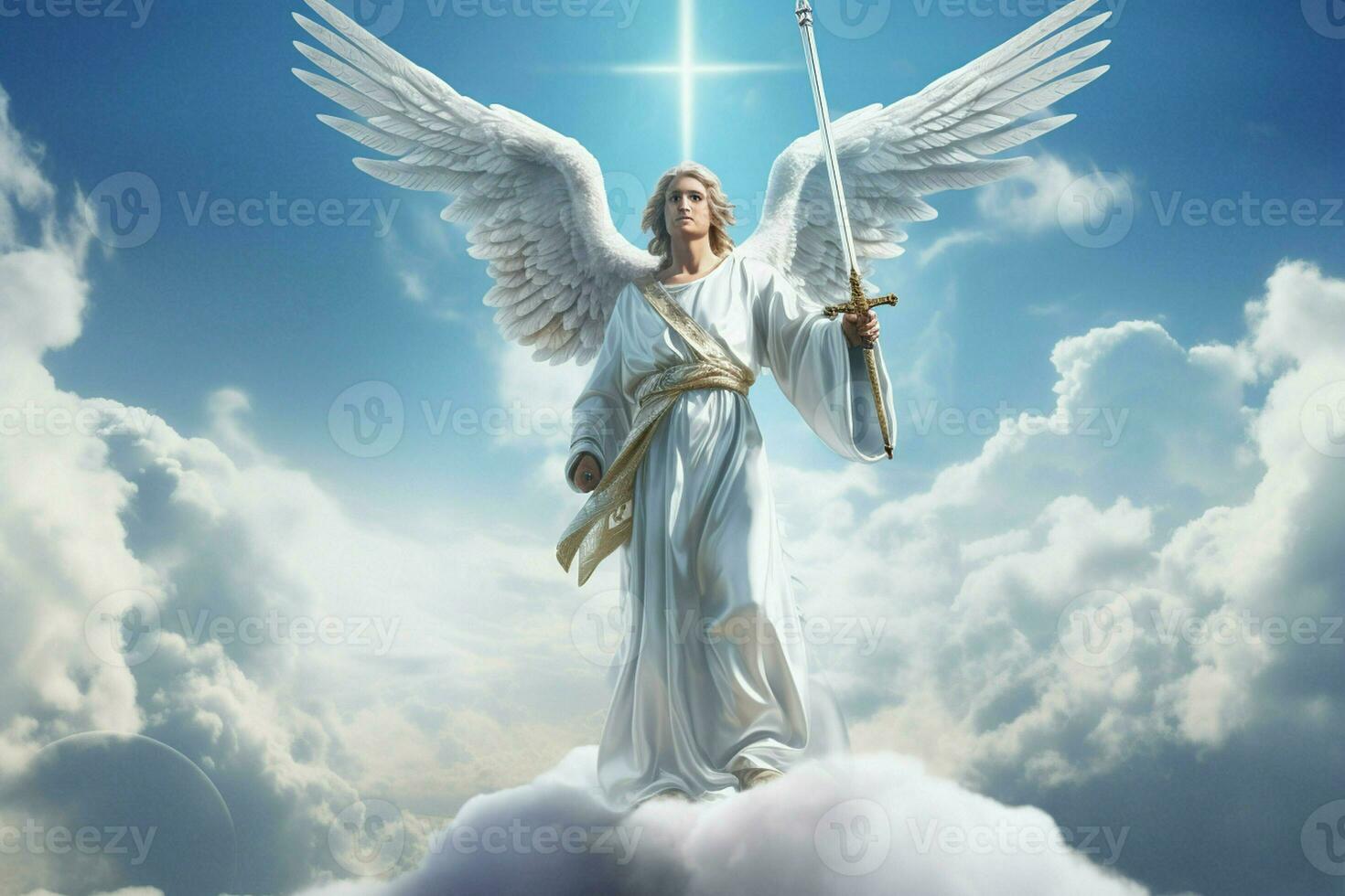 Angel on a background of clouds and blue sky. 3d rendering. ai generated pro photo