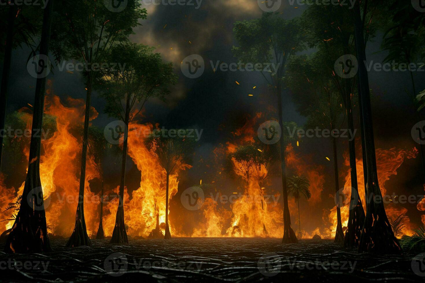 Fire in the forest, burning trees and bushes in the background. ai generated pro photo