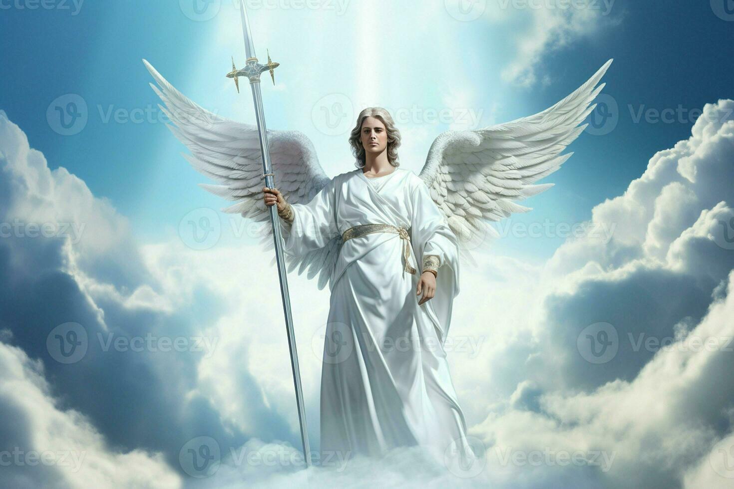 Angel on a background of clouds and blue sky. 3d rendering. ai generated pro photo