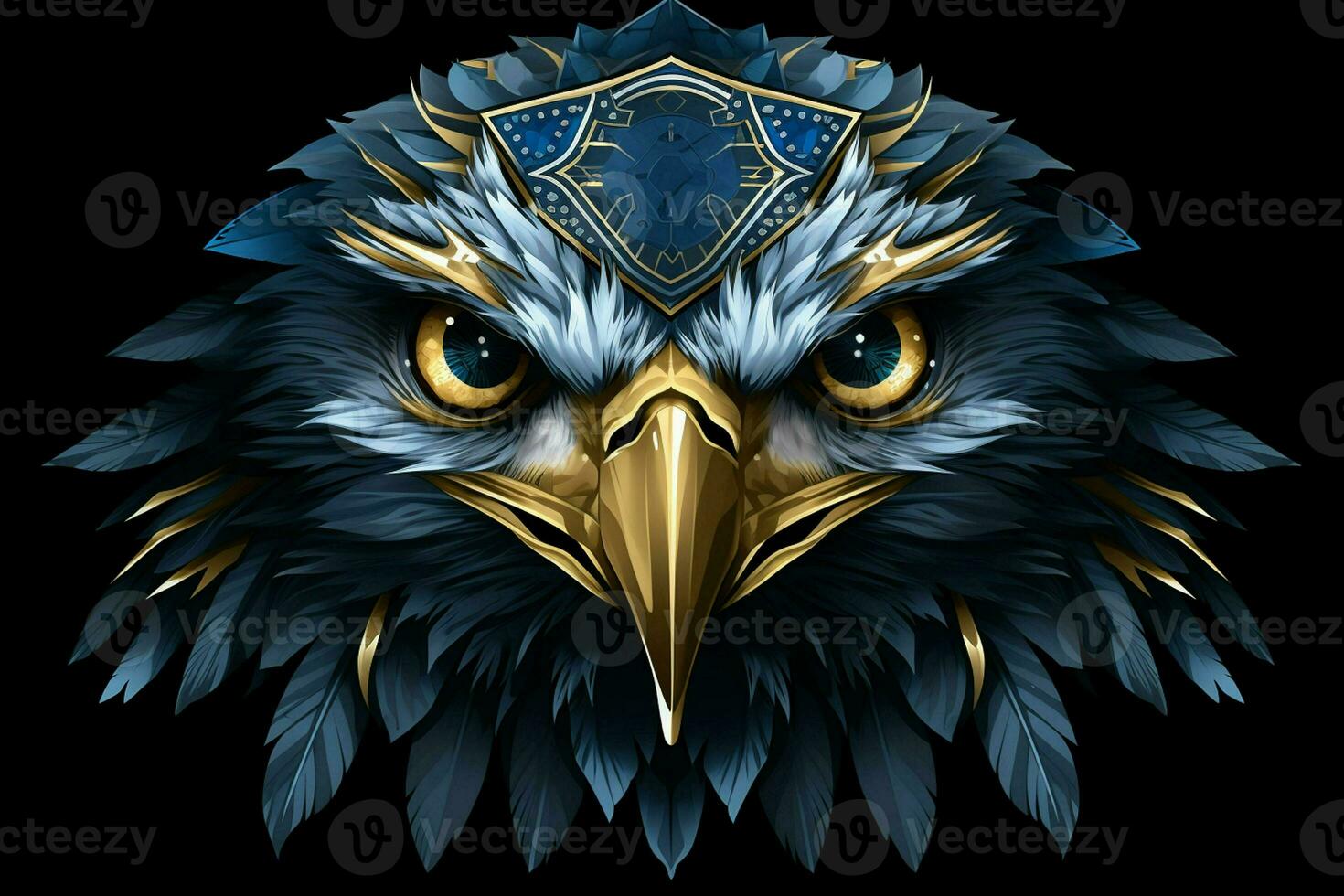 Eagle head in blue and yellow colors on a black background. ai generated pro photo