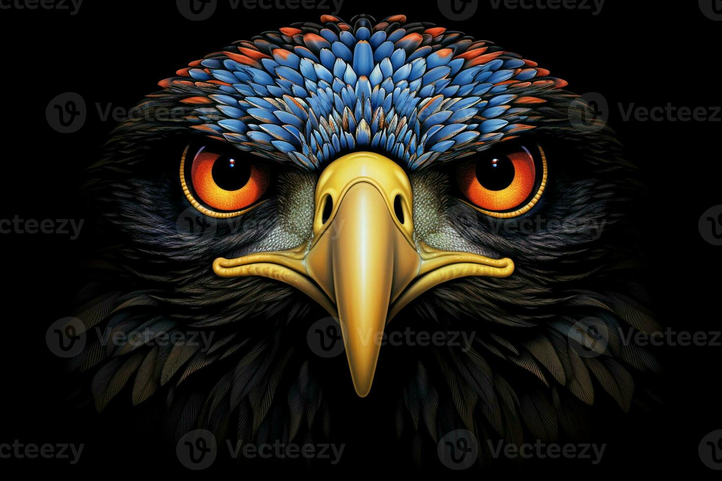 Eagle head in blue and yellow colors on a black background. ai generated pro photo