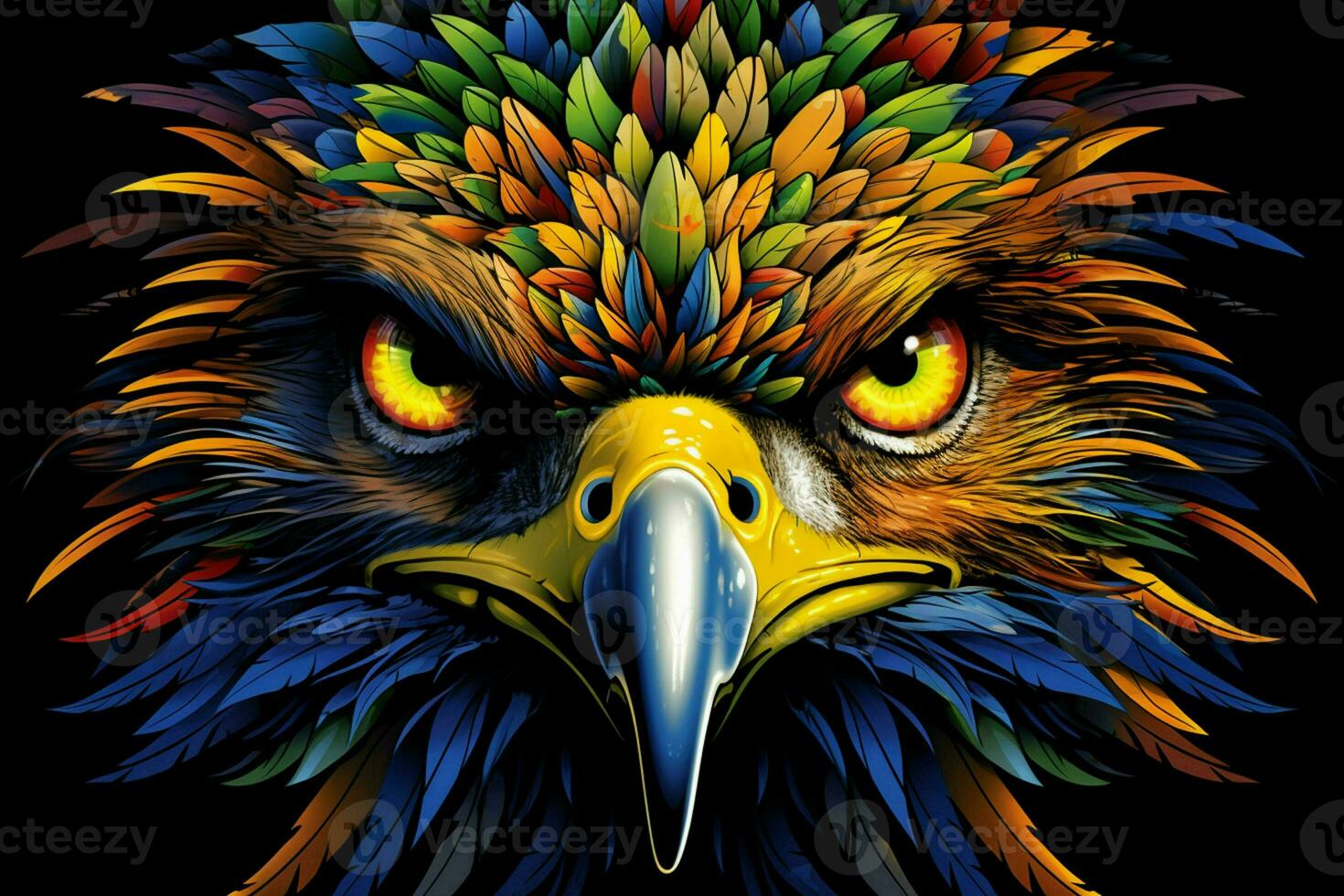 Eagle head in blue and yellow colors on a black background. ai generated pro photo