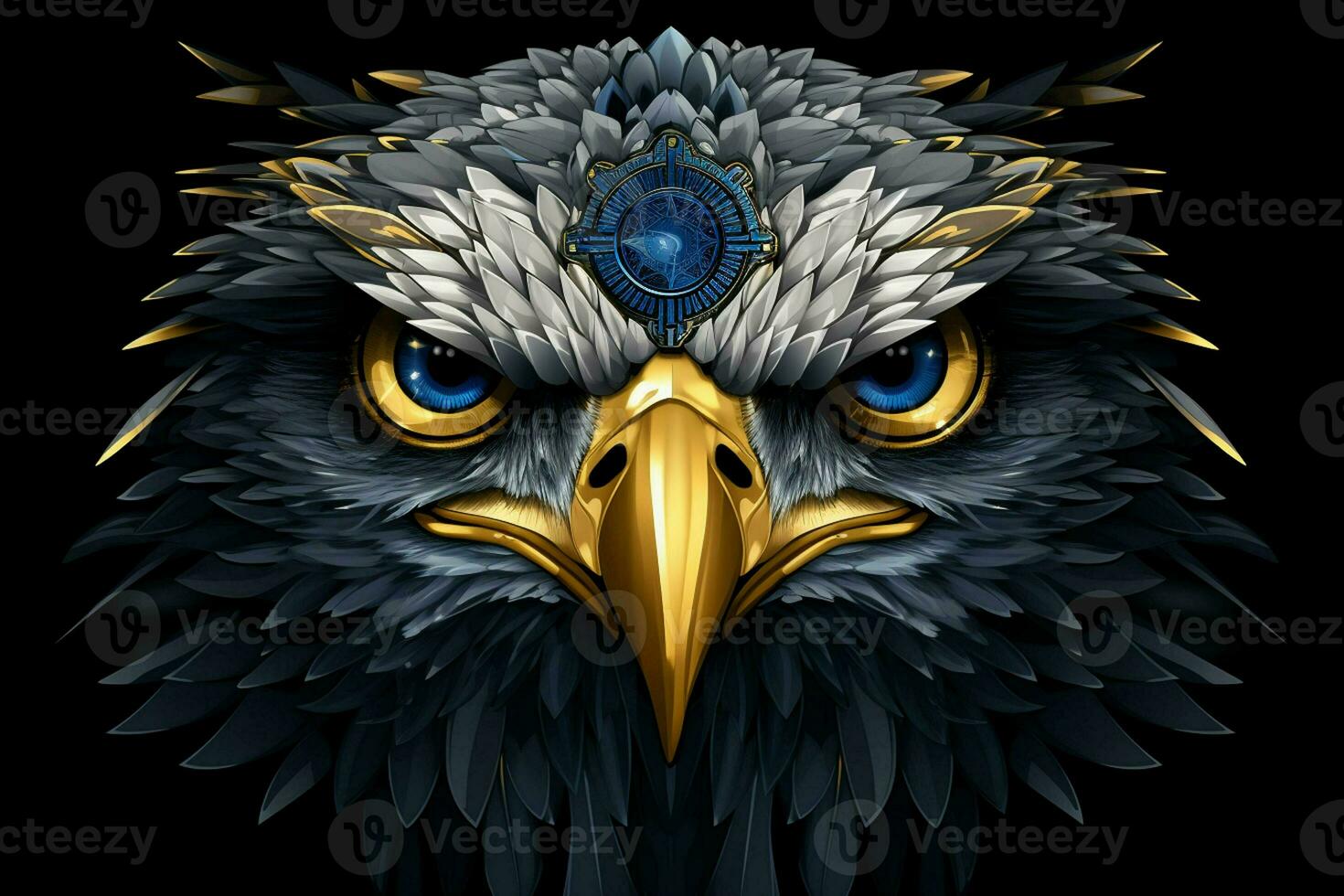 Eagle head in blue and yellow colors on a black background. ai generated pro photo