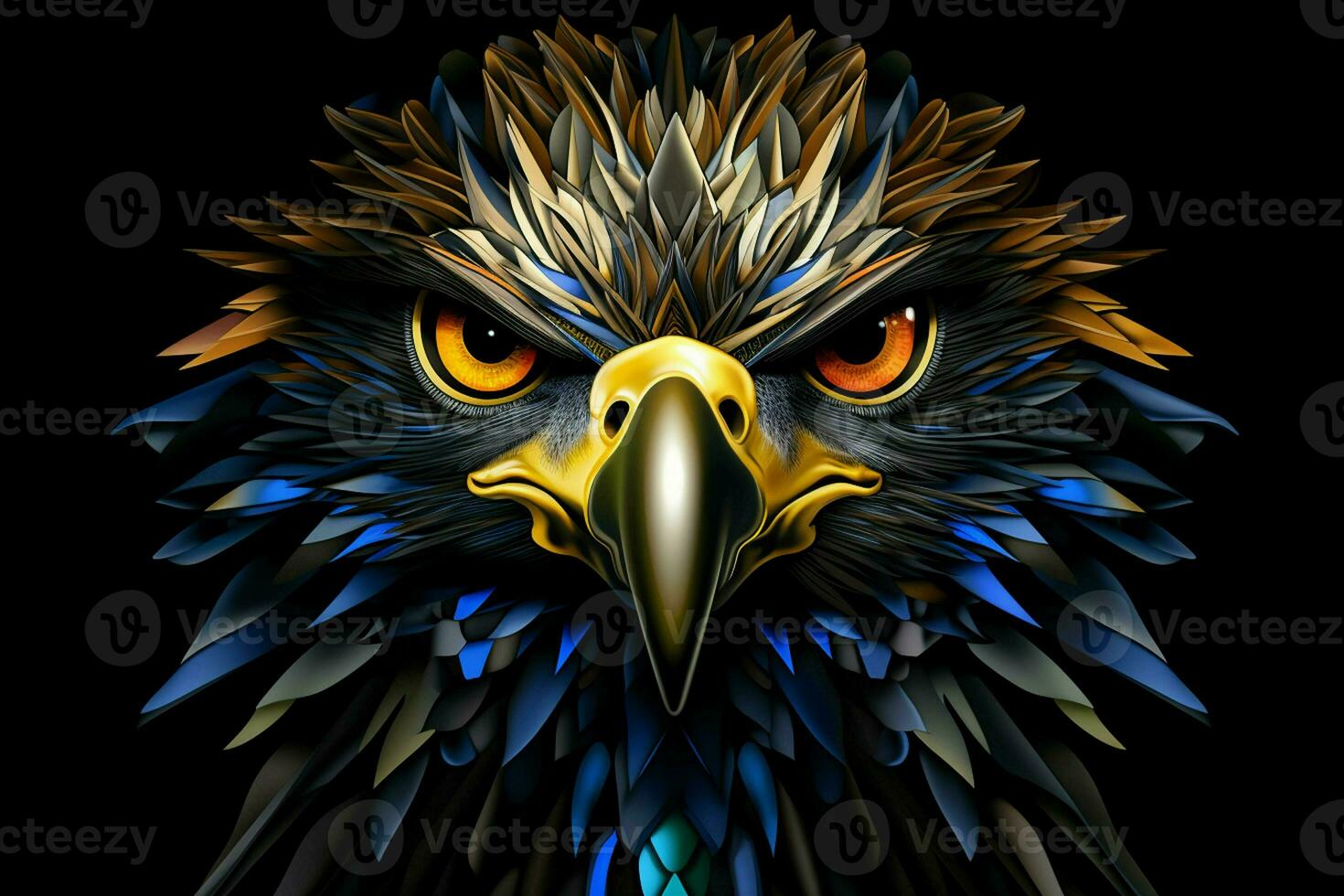 Eagle head in blue and yellow colors on a black background. ai generated pro photo