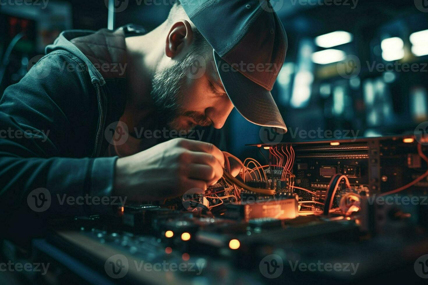 Repairman repairing electronic circuit board in the workshop at night. ai generated pro photo