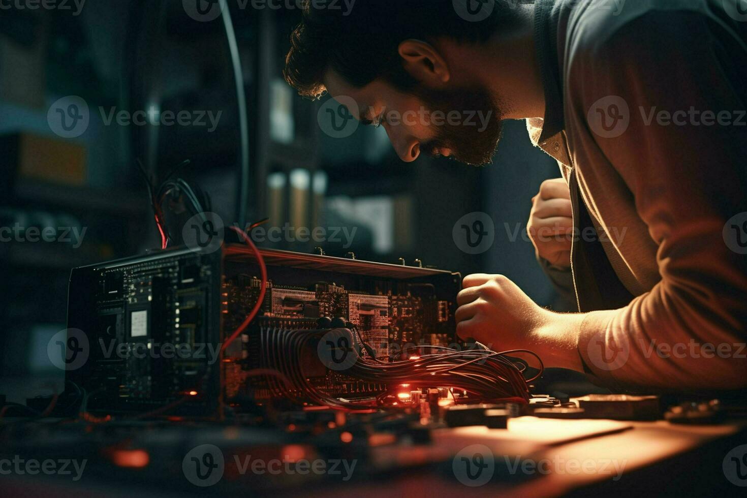 Repairman repairing electronic circuit board in the workshop at night. ai generated pro photo