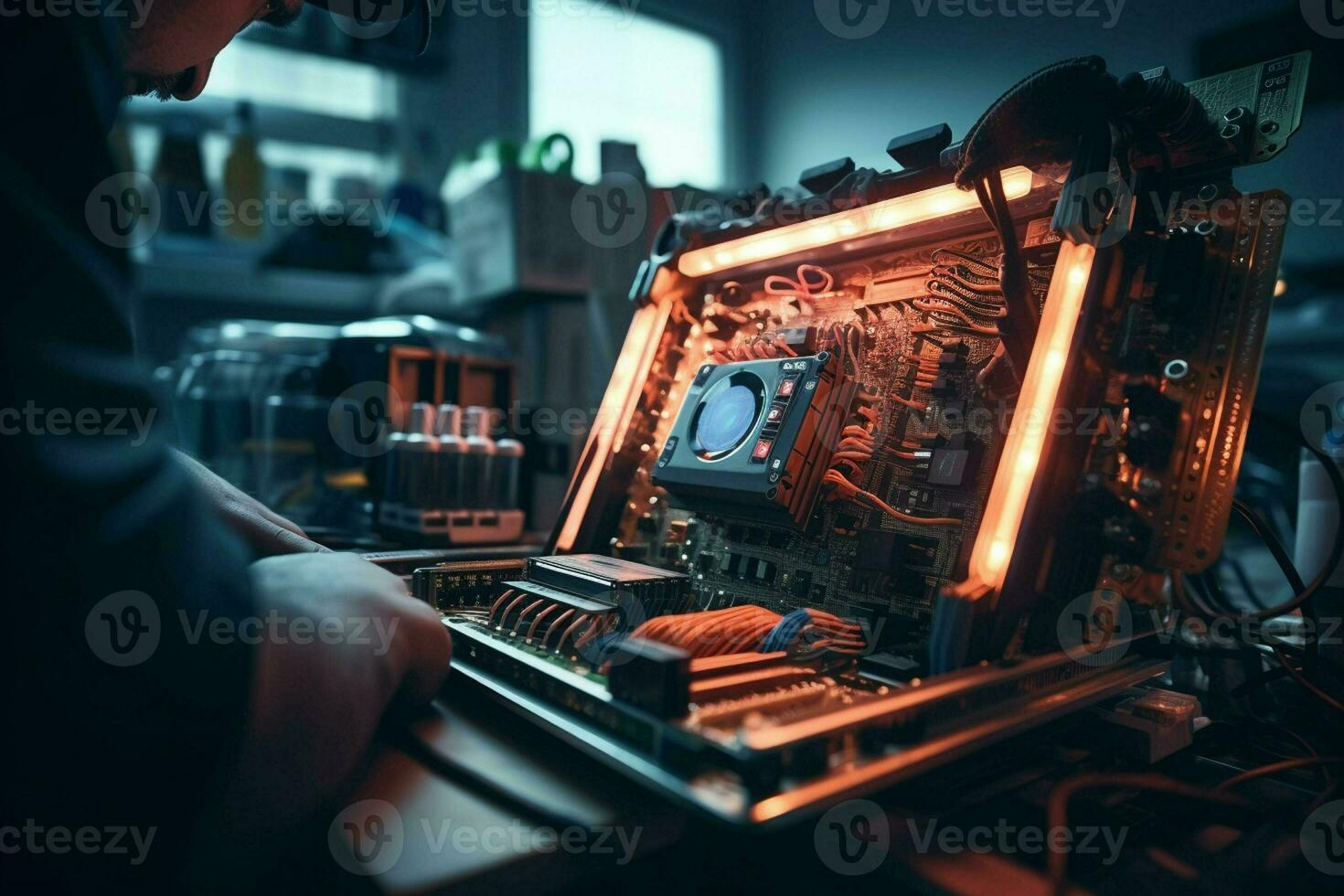 Repairman repairing electronic circuit board in the workshop at night. ai generated pro photo