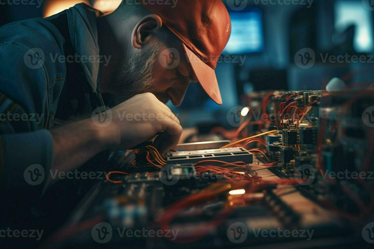 reparador reparando electrónico circuito tablero en el taller a noche. ai generado Pro foto