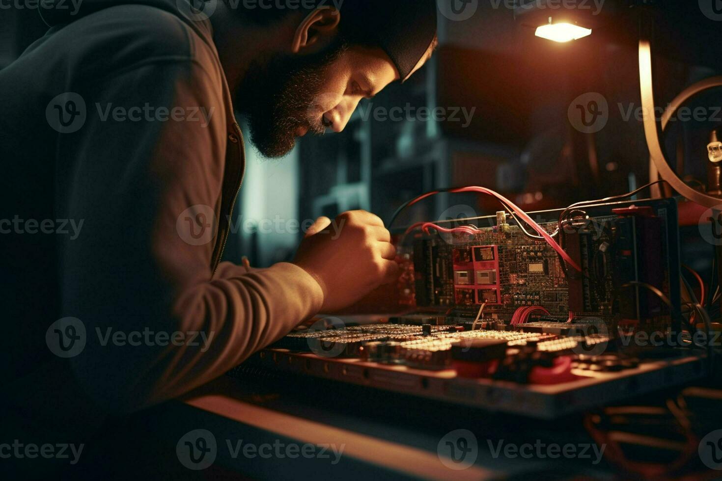 Repairman repairing electronic circuit board in the workshop at night. ai generated pro photo