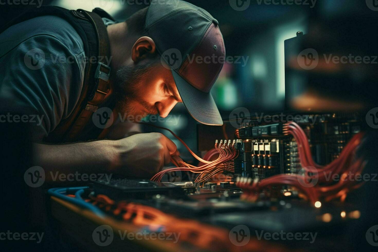 reparador reparando electrónico circuito tablero en el taller a noche. ai generado Pro foto