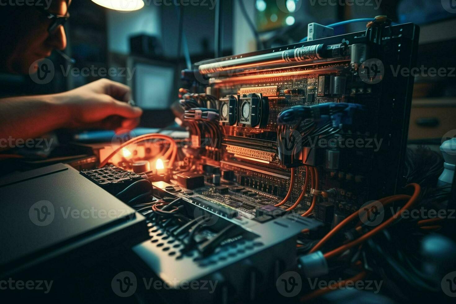 Repairman repairing electronic circuit board in the workshop at night. ai generated pro photo