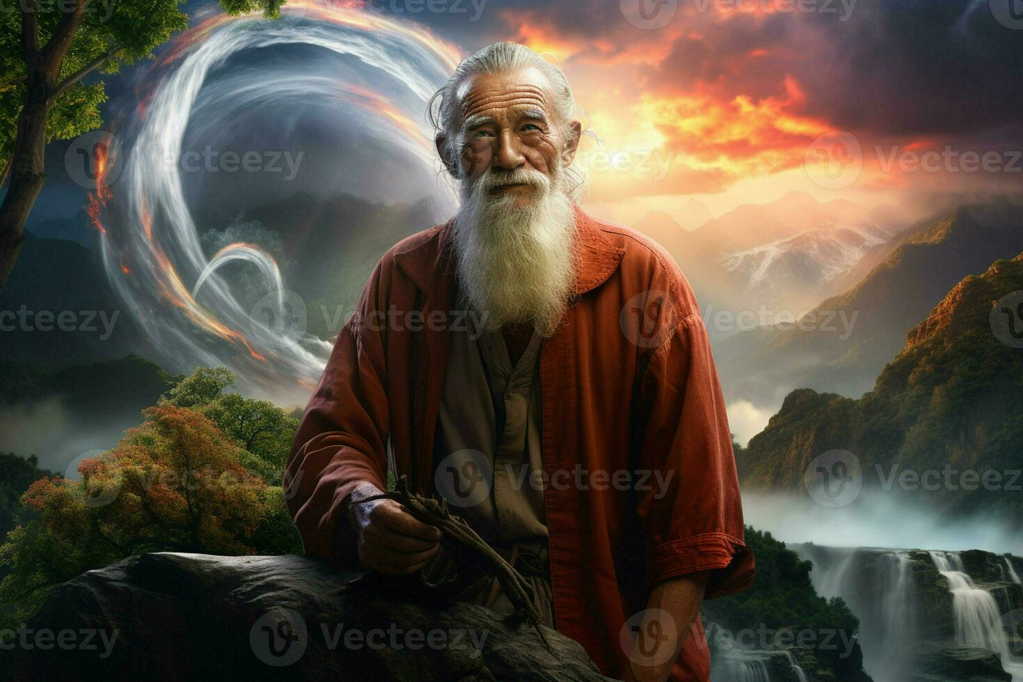 Portrait of an old man with a long white beard in a red robe against the background of a beautiful waterfall. ai generated pro photo