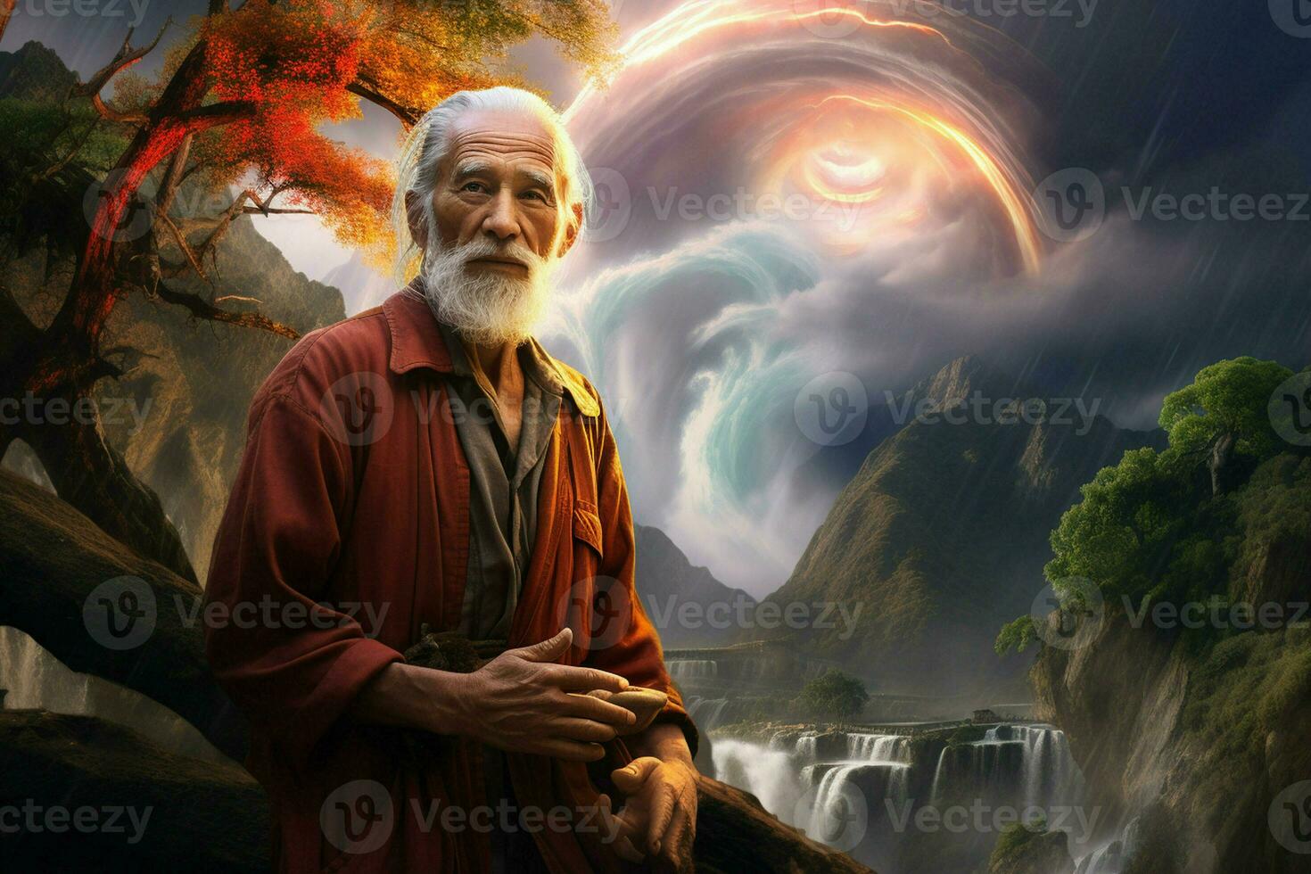 Portrait of an old man with a long white beard in a red robe against the background of a beautiful waterfall. ai generated pro photo