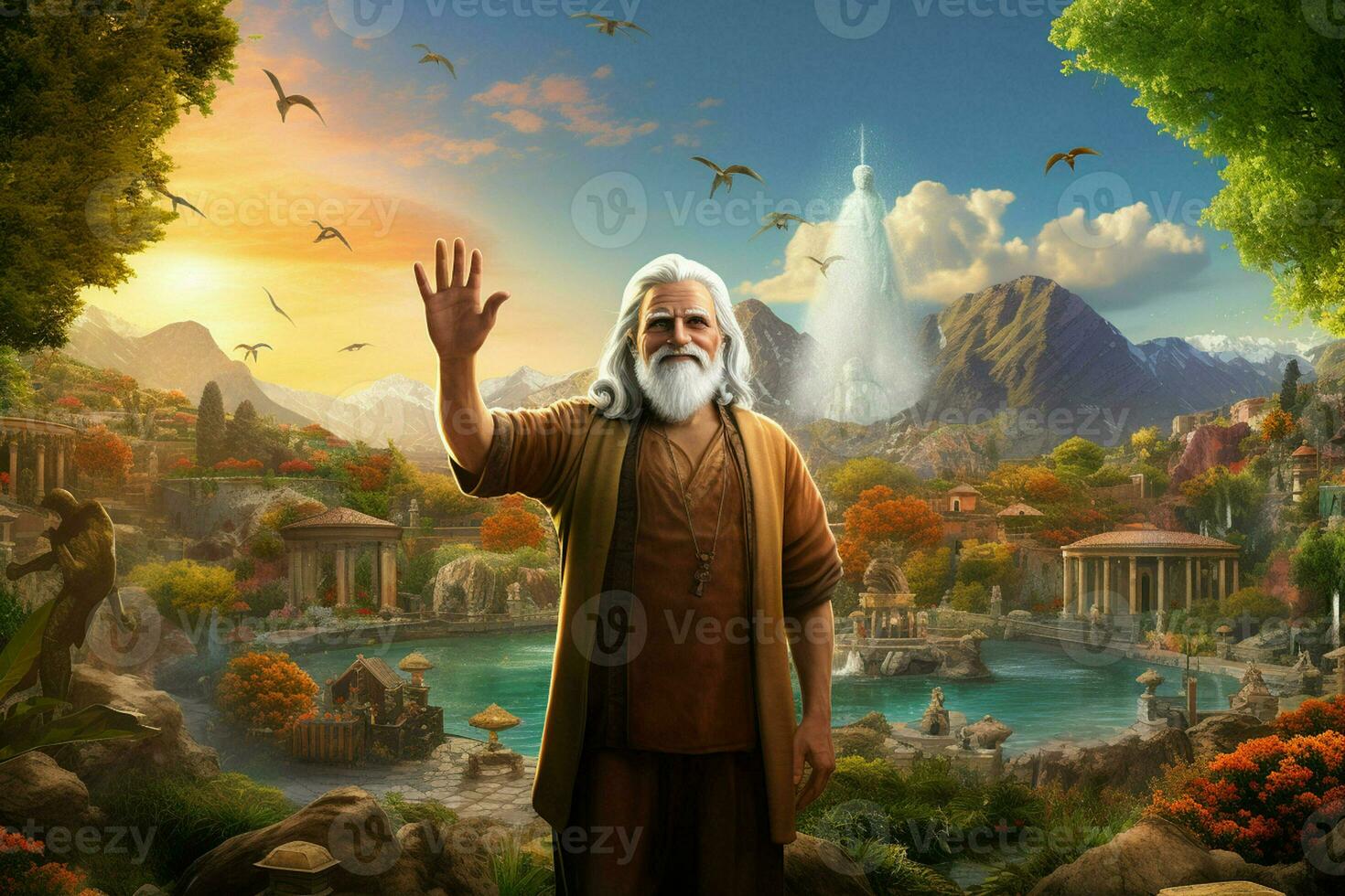 Old man in front of a fantasy landscape. 3D rendering. ai generated pro photo