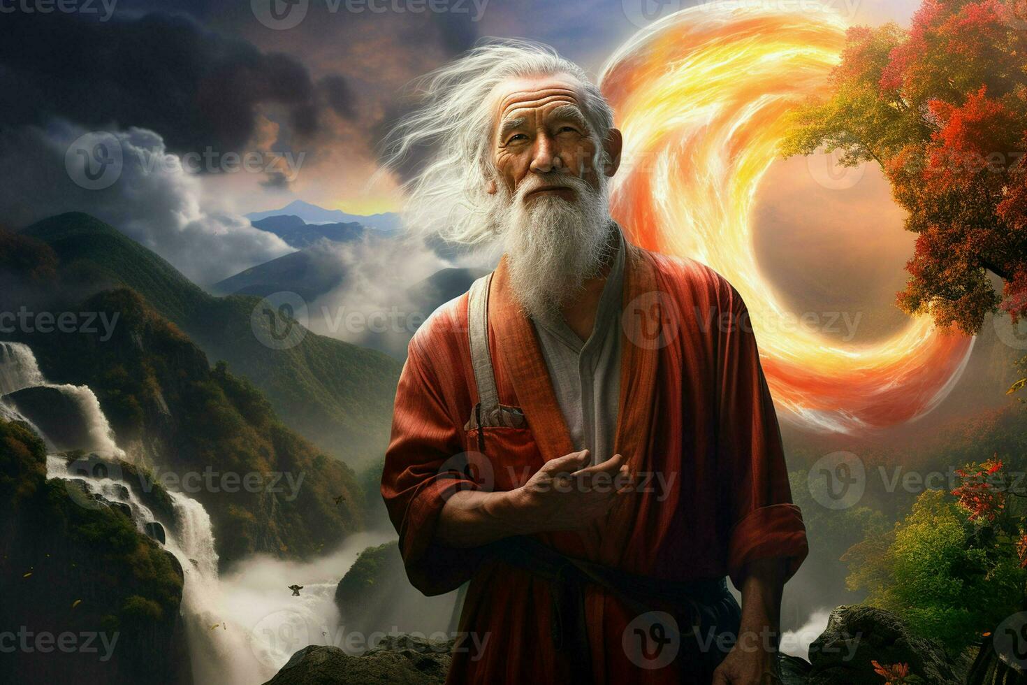 Portrait of an old man with a long white beard in a red robe against the background of a beautiful waterfall. ai generated pro photo
