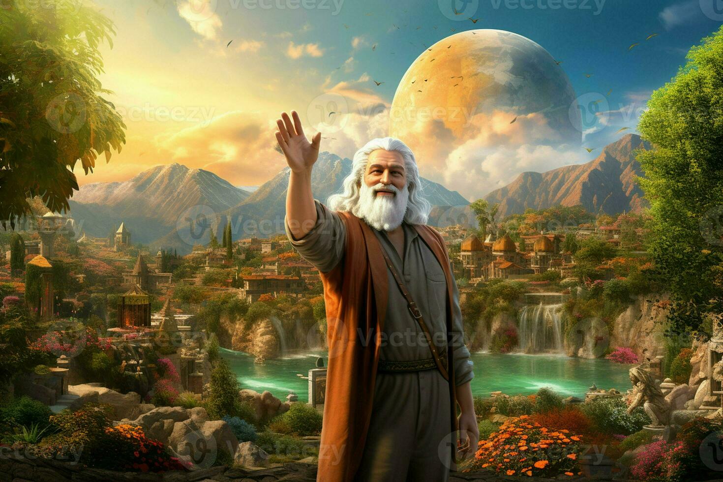 Old man in front of a fantasy landscape. 3D rendering. ai generated pro photo