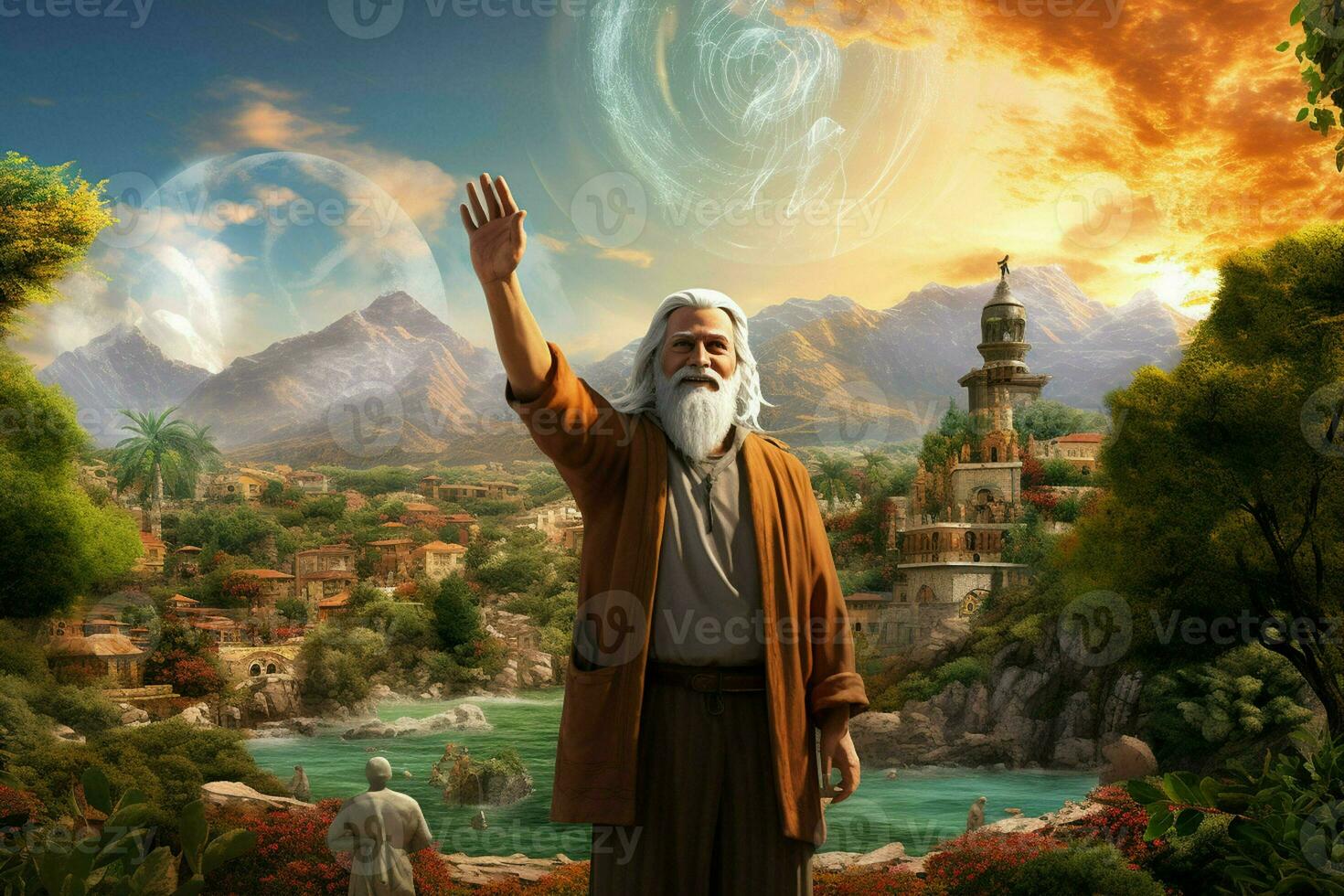 Old man in front of a fantasy landscape. 3D rendering. ai generated pro photo