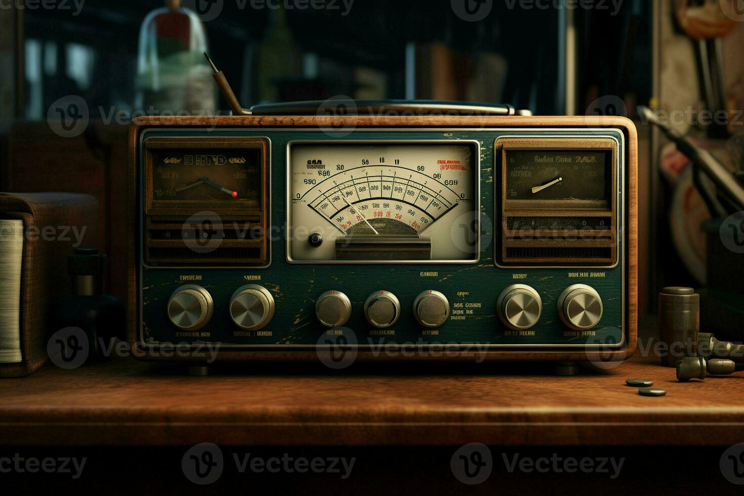 Vintage radio on a wooden table in the interior of the room, vintage style. Retro radio. ai generated pro photo