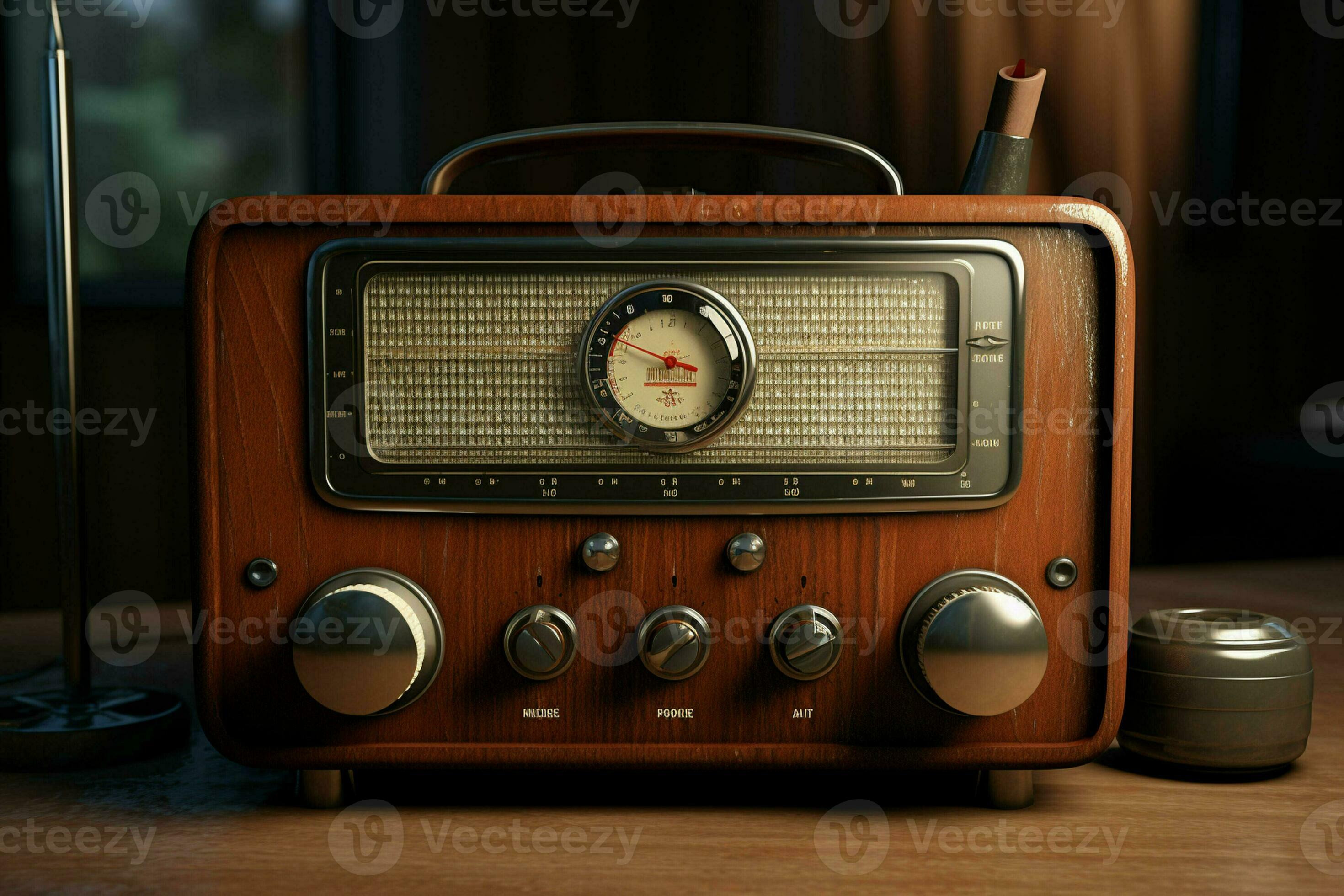 Vintage radio on a wooden table in the interior of the room
