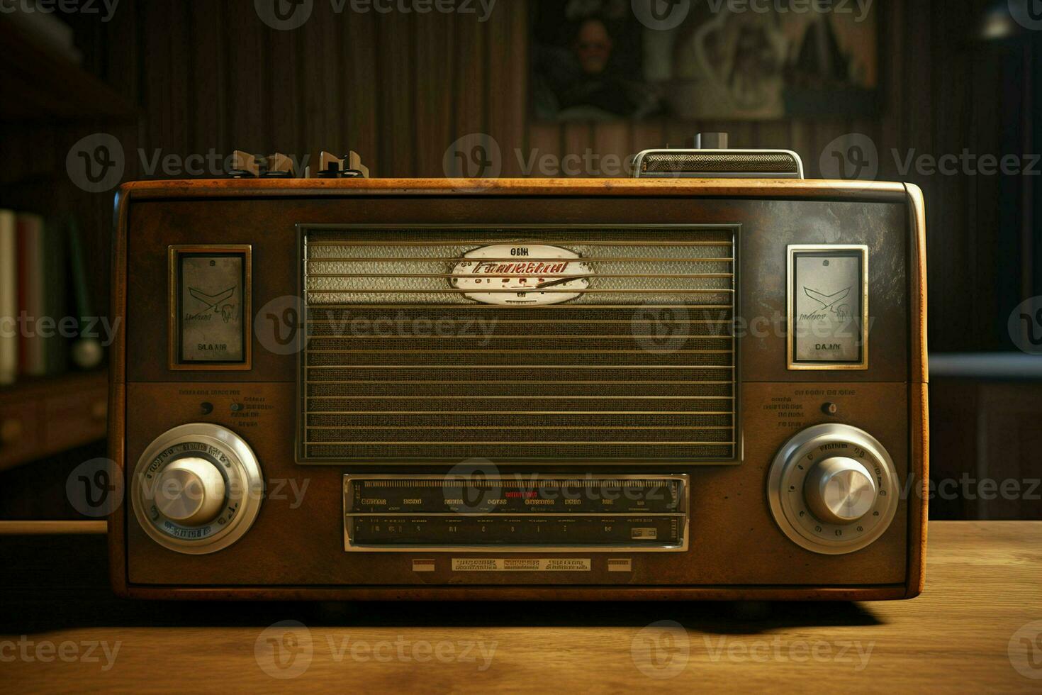 Vintage radio on a wooden table in the interior of the room, vintage style. Retro radio. ai generated pro photo