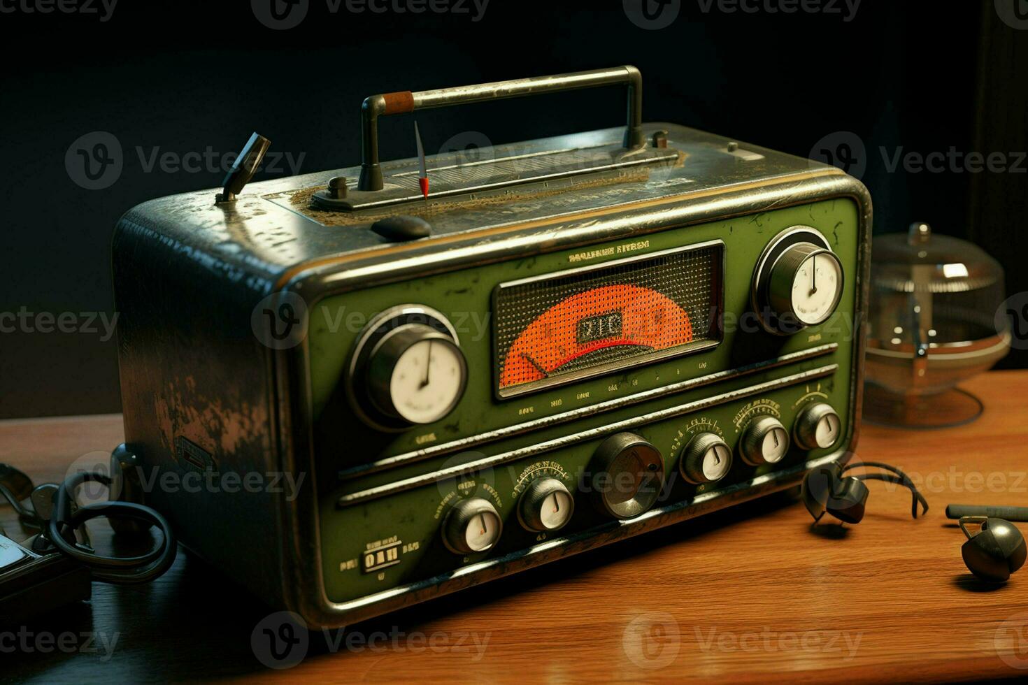 Vintage radio on a wooden table in the interior of the room, vintage style. Retro radio. ai generated pro photo