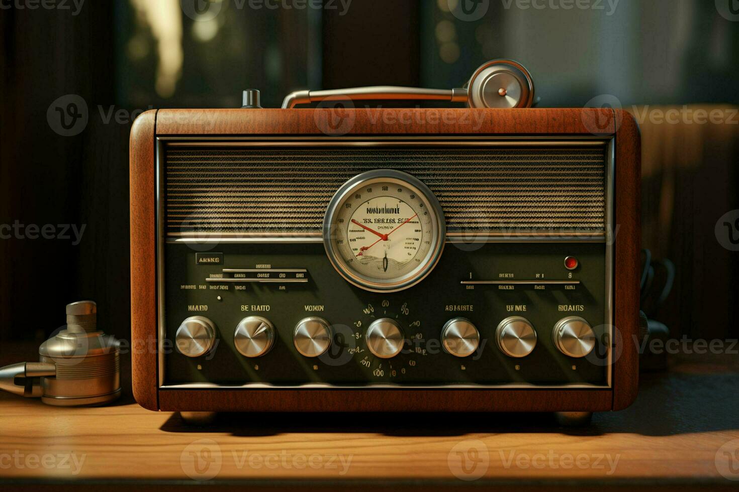 Vintage radio on a wooden table in the interior of the room, vintage style. Retro radio. ai generated pro photo