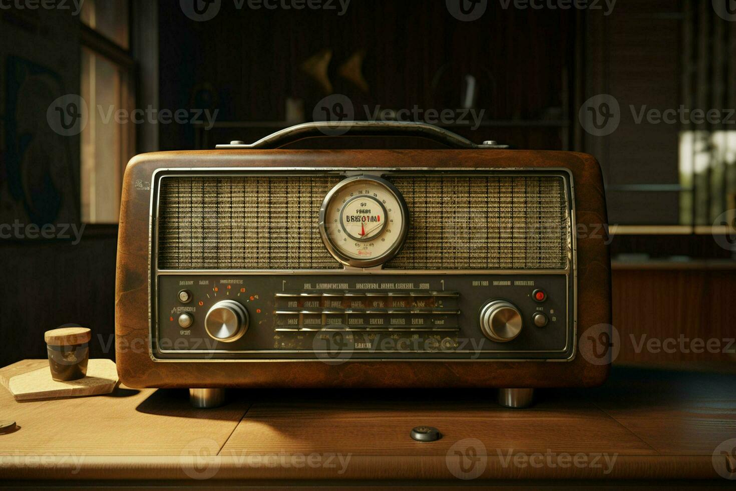 Vintage radio on a wooden table in the interior of the room, vintage style. Retro radio. ai generated pro photo