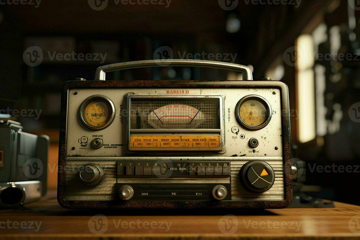 Vintage radio on a wooden table in the interior of the room, vintage style. Retro radio. ai generated pro photo