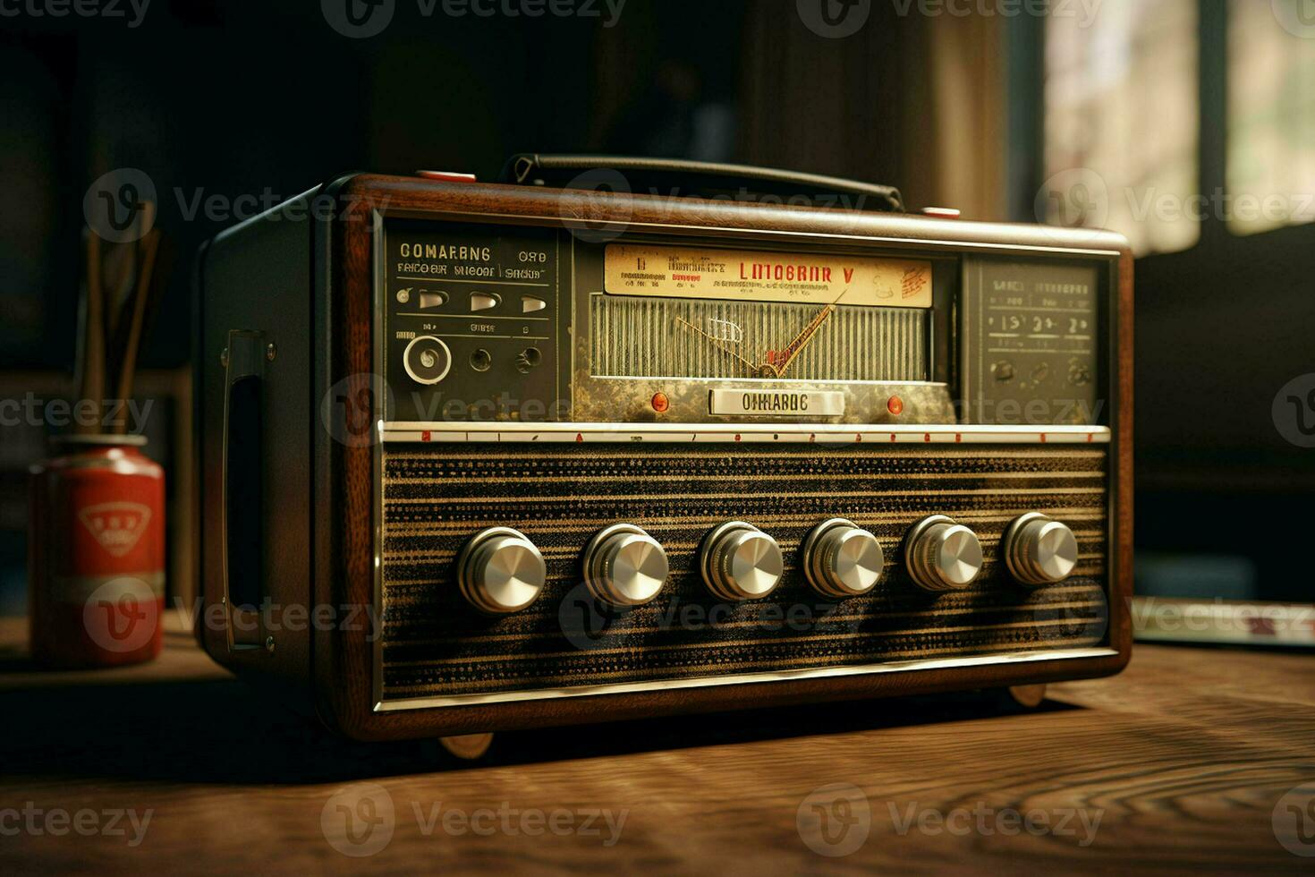 Vintage radio on a wooden table in the interior of the room