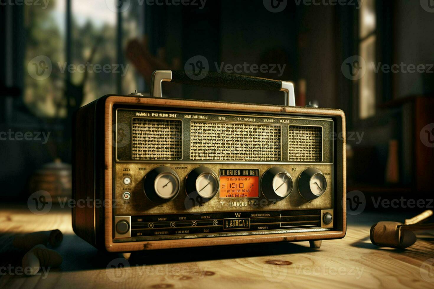 Vintage radio on a wooden table in the interior of the room, vintage style. Retro radio. ai generated pro photo