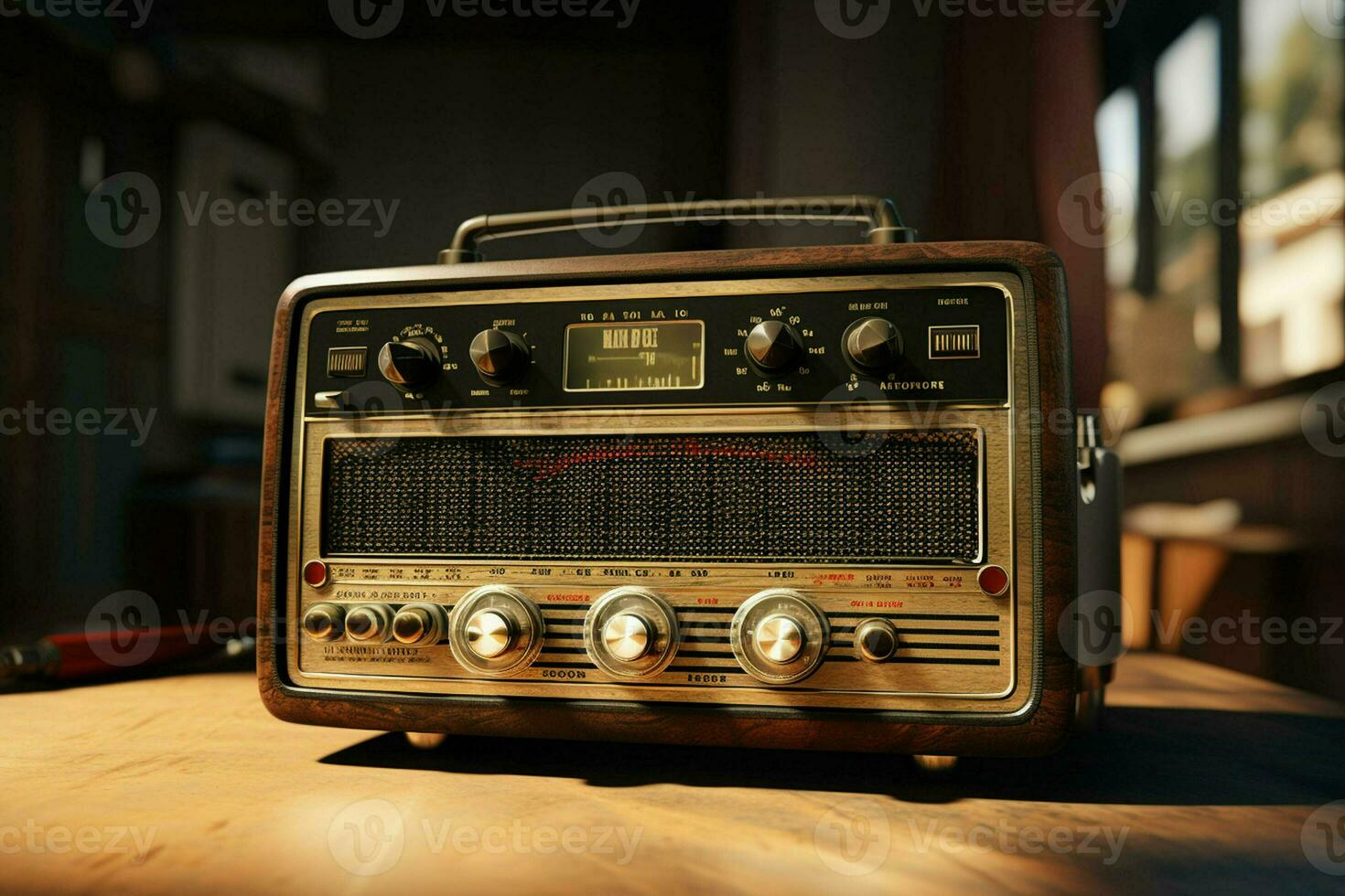 Vintage radio on a wooden table in the interior of the room, vintage style. Retro radio. ai generated pro photo