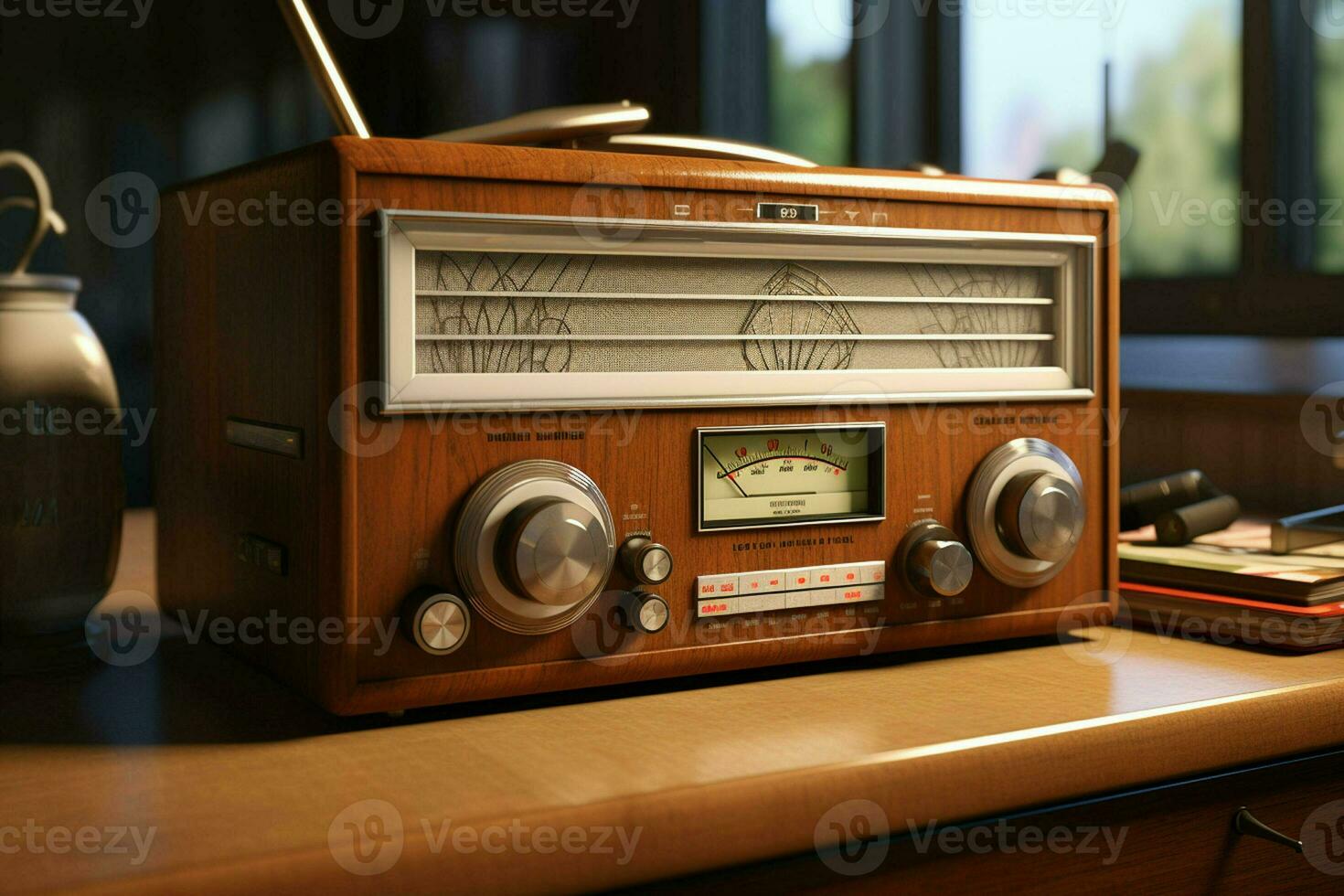 Clásico radio en un de madera mesa en el interior de el habitación, Clásico estilo. retro radio. ai generado Pro foto