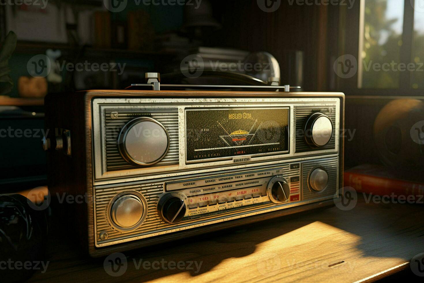 Vintage radio on a wooden table in the interior of the room, vintage style. Retro radio. ai generated pro photo
