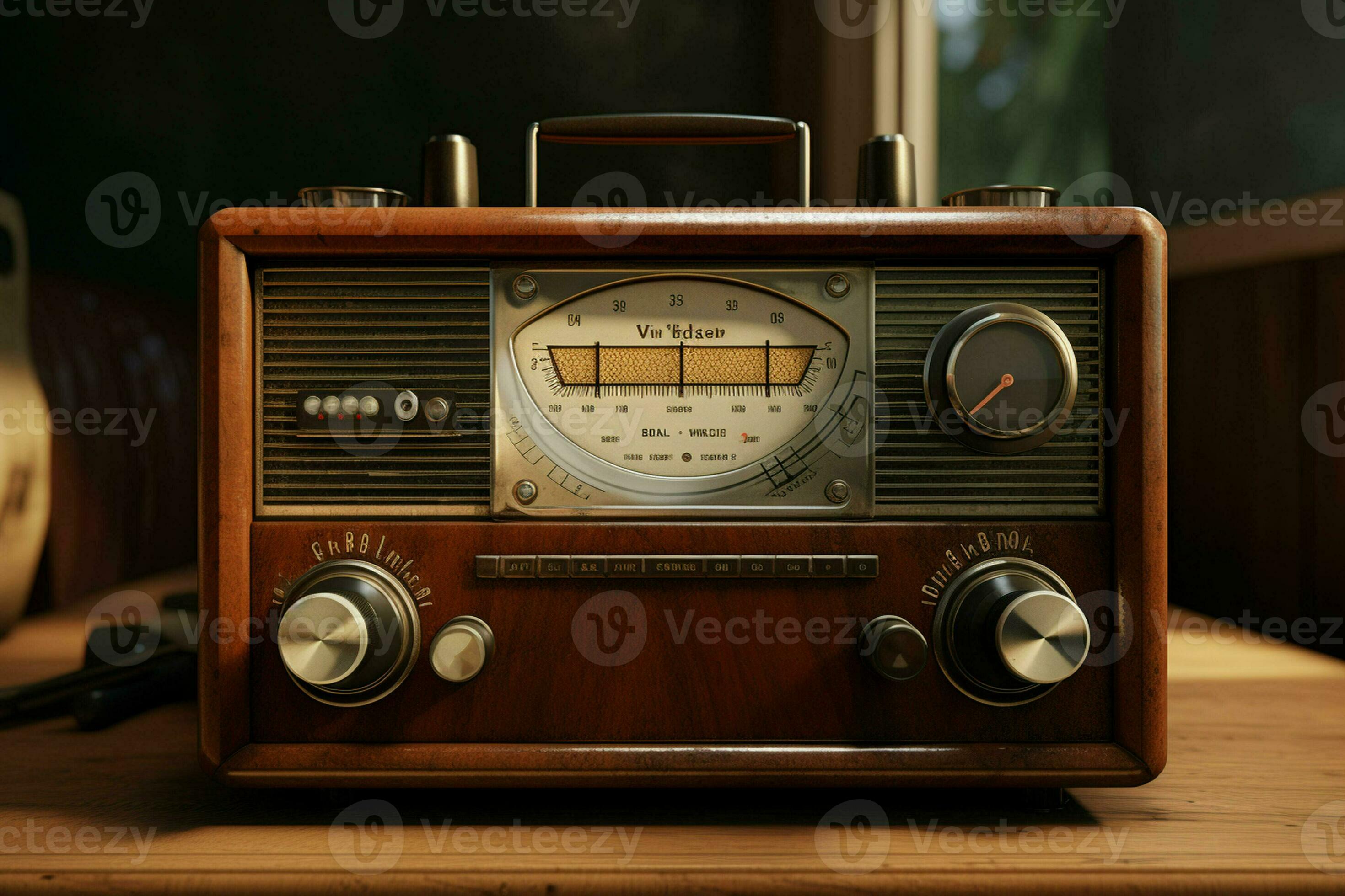 Una radio retro se encuentra en una mesa de madera con estilo cocina en el  espacio de copia del pueblo