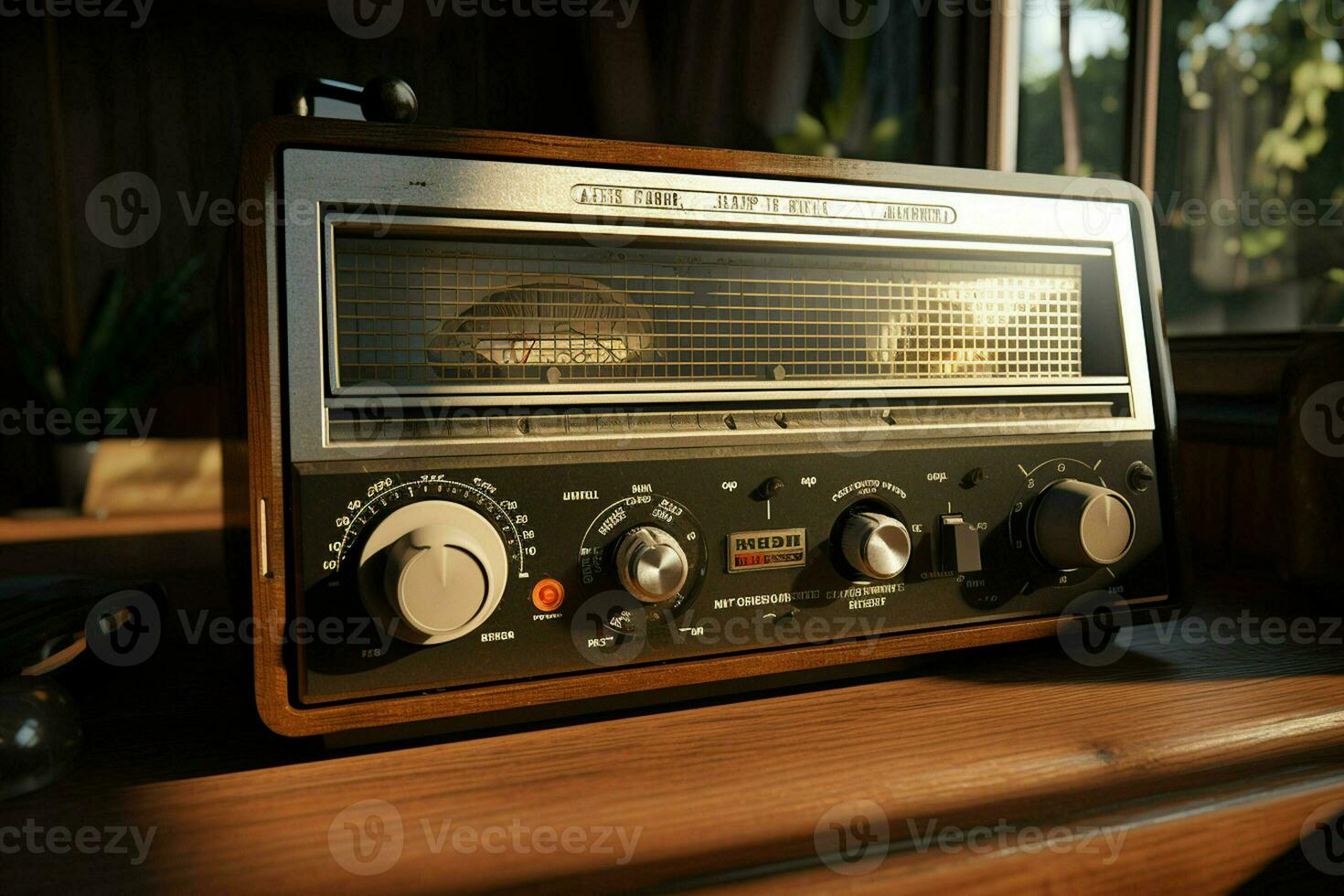 Vintage radio on a wooden table in the interior of the room, vintage style. Retro radio. ai generated  pro photo